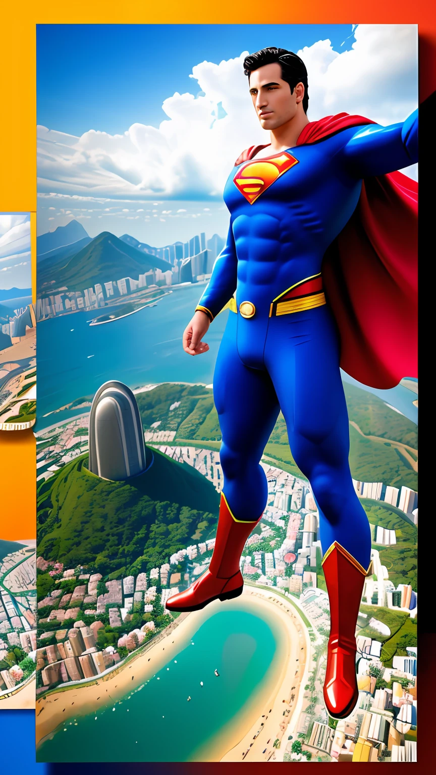 (melhor qualidade:1.3), (obra-prima:1.3), (realista:1.4), (detalhado:1.1), arte de (Super-homem:1.3) sobrevoando a cidade do Rio de Janeiro, Brasil. The artwork must be highly detailed and accurately portray the character of Superman, including his iconic blue and red costume, capa e emblema. Art must be created in high resolution of 8K or 4K and must be rendered in 3D to give a realistic quality. Art must also be created in 8D To add depth and dimensionality. O estilo geral da obra de arte deve ser realista, with an emphasis on capturing the vibrant colors and energy of Rio de Janeiro. Be sure to include iconic landmarks, such as the statue of Christ the Redeemer and the Sugar Loaf.The artwork should be of the highest quality and match the level of detail and realism found in professional Adobe Photoshop art.