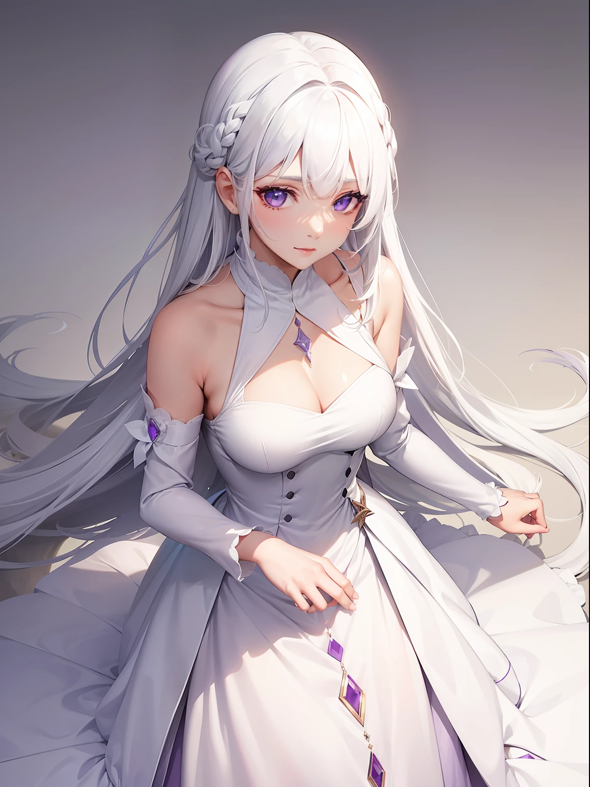a women, white hair, purple eyes, white dress