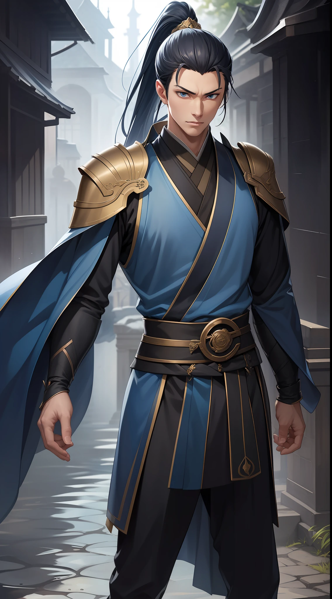 quadratic element,style of anime,mtu(Male Warrior),The proportions are correct,Face details,swordsmen,High ponytail hairstyle,Neck details,There is an Adam's apple,Blue suit,kaftan,long blue robes,clothes details,Handing over,longer sleeves,Game quality,Swordsmanship,Light and shadow tracking,Ray traching,detailed glow,cg render,hair detail,Blue long hair,blue colored eyes,Handsome,Handsome,(juvenile sense),Clothing is complicated,Perfectcomposition,Refinement,high qulity,higher details,Lots of details,The background is complex,a sense of atmosphere,