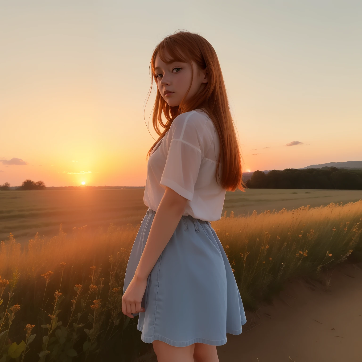 arafed woman standing in a field with a camera in her hand, sadie sink, she has long orange brown hair, in the sunset, photo of young woman, photo of the girl, casual pose, at a beautiful sunset, taken in the early 2020s, taken at golden hour, 19-year-old girl, at golden hour