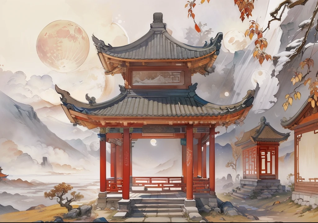 Ancient Chinese landscapes，Ancient buildings，Pavilions，Carved beams and paintings，enchanting scenery，Night，Moon light，Layered, Rich light and shadow,Mid-Autumn Festival, Ink painting style，clean color，Low-saturation colors，Colors of low brightness，Decisive cut，Leave white space，impressionistic，tmasterpiece，ultra - detailed，Epic composition,  HighestQuali，hyper realisitc，pergaminhos，Art germ --v 6