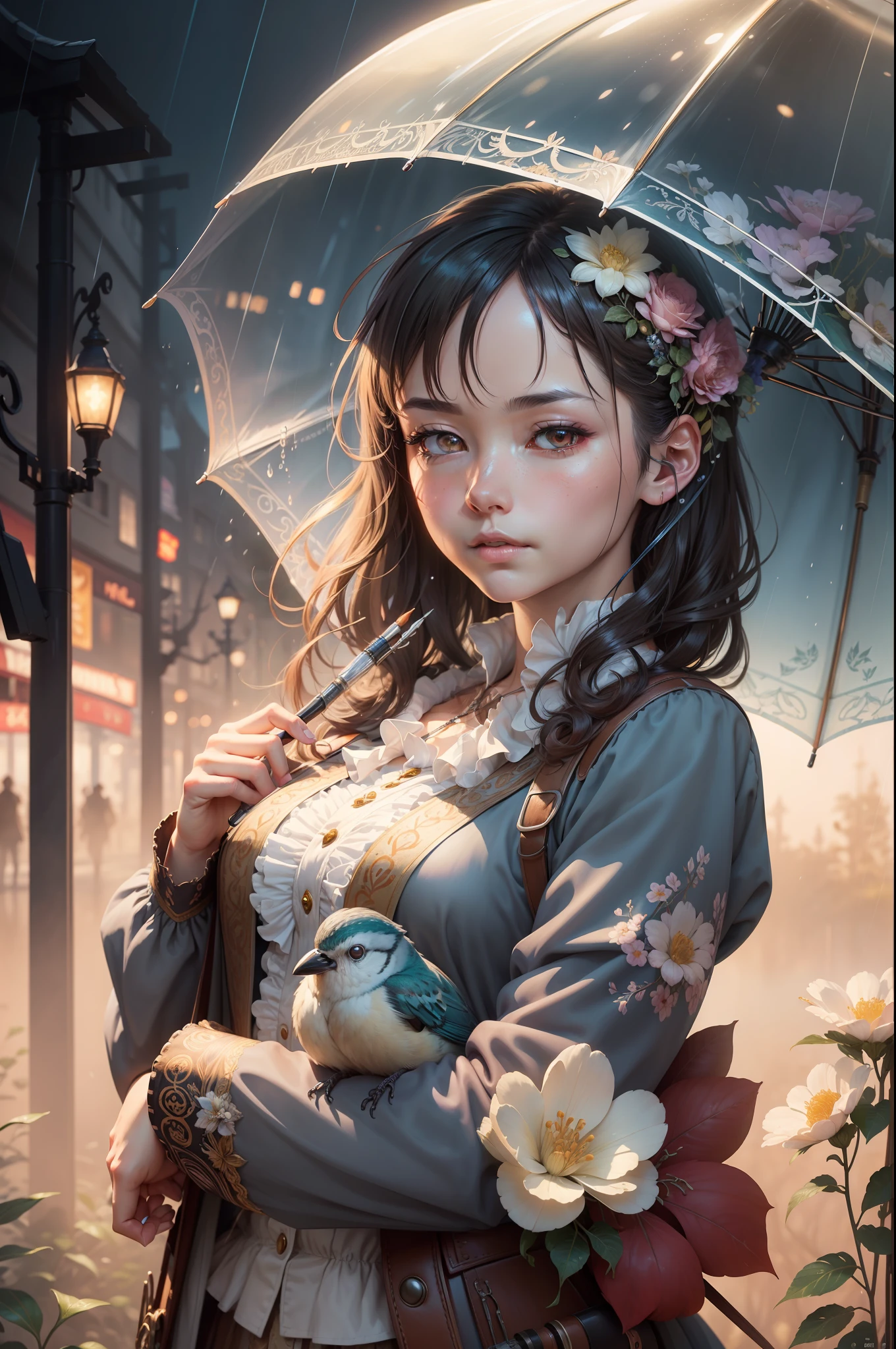 An ultra hd detailed watercolor painting, Jean-Baptiste Monge style, a family of cute little birds gathered in the rain under an umbrella, splash, Glittering close up, cute and adorable, filigree, long striped tail, reflective eyes, flowers, rim lighting, lights, extremely fluffy, detailed eyes. magic, surreal, fantasy, digital art, wlop, artgerm and james jean, ultra hd, realistic, vivid colors, highly detailed, UHD drawing, pen and ink, perfect composition, beautiful detailed intricate insanely detailed octane render trending on artstation, 8k artistic photography, photorealistic concept art, soft natural volumetric cinematic perfect light