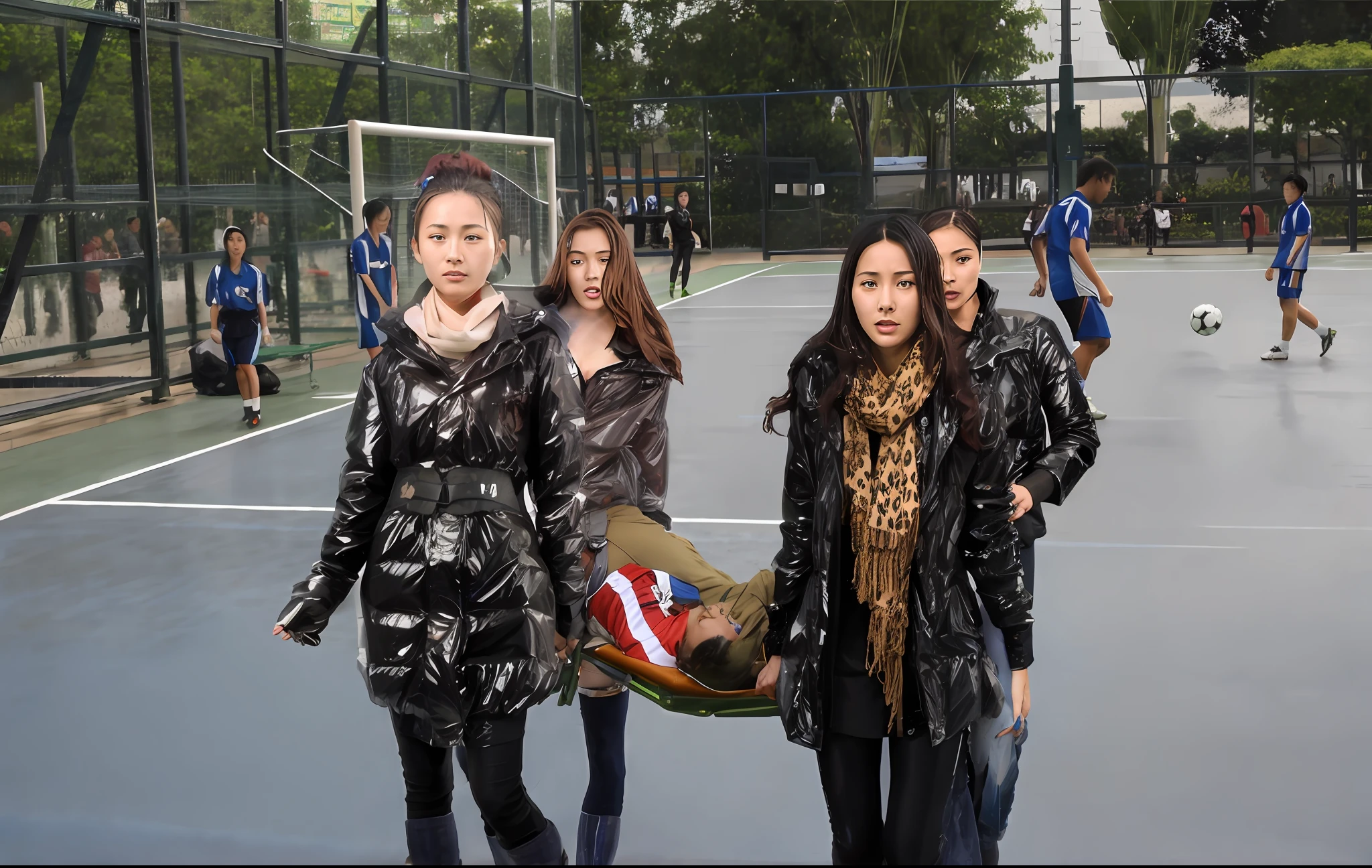 a soccer scene in a chinese sports stadium, rainy weather, wet ground, rainfall, injury scene in a sports stadium, stretcher carry, there are four female medics in wet raincoats who carrying a stretcher, there are four female medics in wet raincoats who are carrying a stretcher in a rainy sports stadium, there is a wounded male soccer player in a matte short cotton sports outfit lying on the stretcher with his hands over his face, an injured male soccer player is lying on his back on a stretcher and is holding his hands over his face, a soccer player is covering his face with the hands while lying on his back on a stretcher, dramatic scene, theatralic posing scene, dramatic pity scene, injury soccer, first aid, help, pity, there are four female medics in shiny raincoats who are looking very sad and very terrified and very shocked, the injured soccer player is screaming out in pain while he is carried from the pitch on a stetcher through the rain