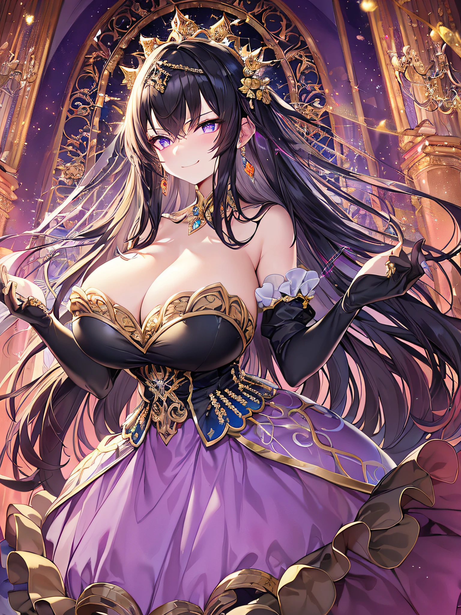 ((anime artstyle)),(Masterpiece),(Best Quality), (Super Detail),((Very Delicate and Beautiful)),((Solo)),((full body)),(((1 arrogant princess in gorgeous and brightly colored gorgeousfull rococo dress))),(Purple eyes),Sharp eyes,detailed face and eyes,jewel-like eyes,(arrogant),((smirk)),((voluminous Very Long Hair,Straight Hair)),black hair,((Bangs between eyes)),((gigantic tits,Long tits)),curvy,skindentation,(gorgeousfull embroidery and lace),gorgeous corsage,See-through,gorgeousfull hair ornament,gorgeousfull glitter jeweled tiara,ornate ruffles,((full body)),((hoop skirt,crinoline)),Dynamic Angle,Looking at viewer,(((gorgeous and brightly colored gorgeousfull rococo dress)),full body