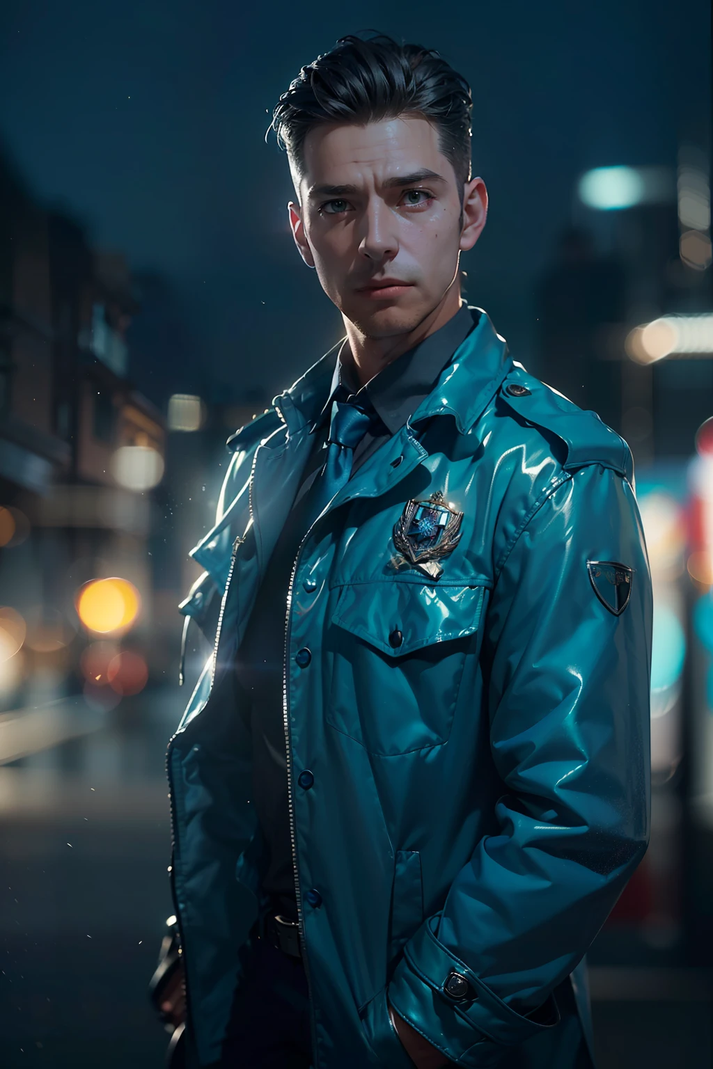 (
    (Character: one English man, 40 years old, police, serious expression, short windswept  hair, strong body)
    (Clothing: blue police coat, tie, shoes)
    (Pose: full body shot:1.7, dynamic pose)
    (blurry, intense urban lights in background) 
    (Style: ((masterpiece:1.5)), (face detailed), photo-realistic:1.3, hyperrealistic, foggy, high contrast, shiny skin, soft lighting, backlighting, bloom, light sparkles, chromatic aberration)