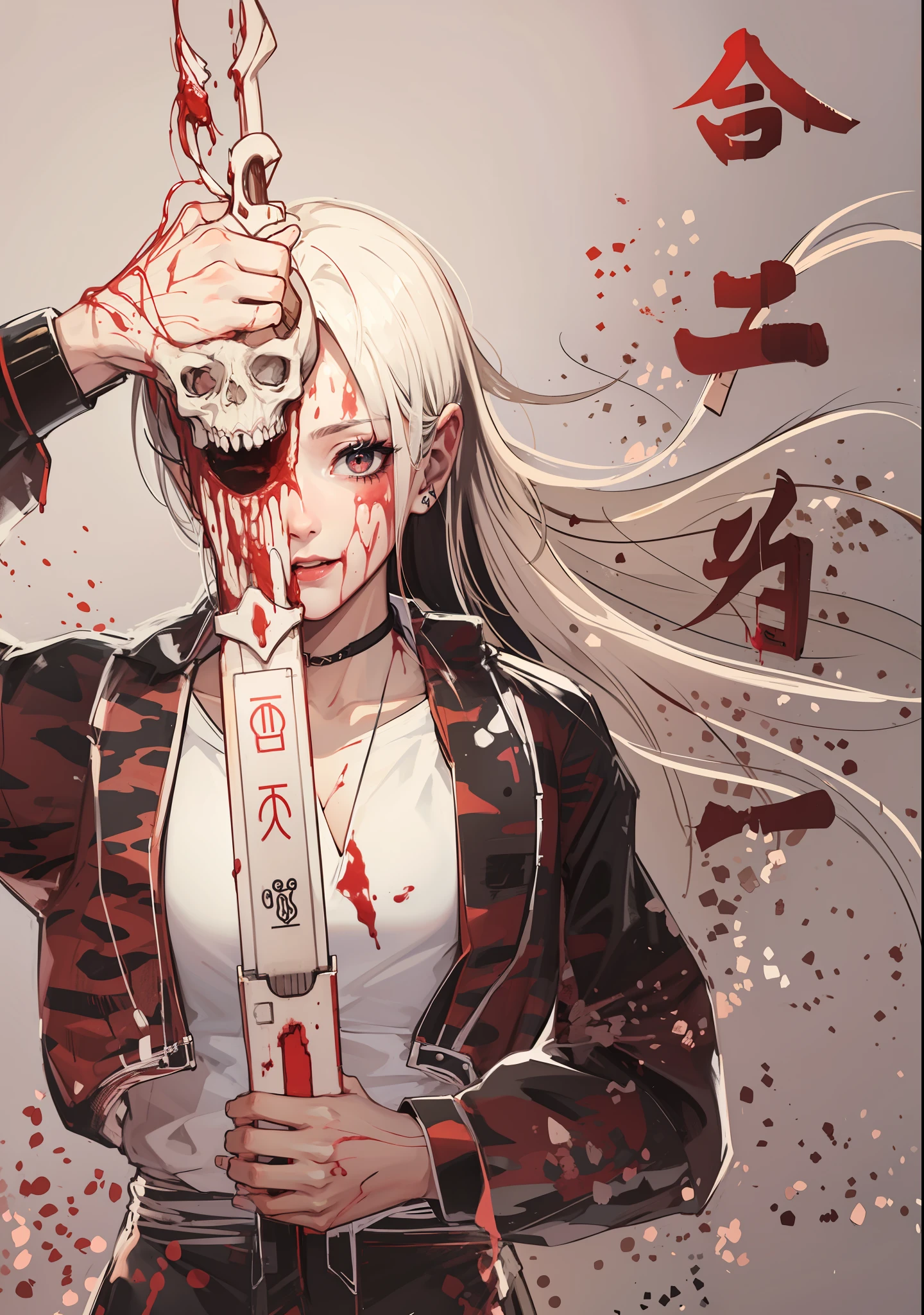 ((8K:1.4)), Impeccable, acurate, (A high resolution:1.2), (high detal), high qulity, (tmasterpiece:1.8), femele, (Dark skin:1.8) (wounded:1.2)), ((rusty_nails_in_skin)), (agony), (icey:1.2), (Camouflage top:1.2)), (Long messy hair), ((whaite hair:1.6)), (red_sclera:1.2), ((Bandage hands)), (crazy_smile:1.2), (Blood stains cover the face:1.6), blood all around, (Blood on clothes:1.2), ((blood vess:1.2))), (((internal organs:1.2))), Injured mouth, a scar, (cuts_on_skin:1.2), Blood on the lips, ((Anatomy accuracy:1.6)), Very wide open mouth, (bodyhorror:1.2), (Meat clothes:1.2), ((Frost:1.8))), ((Wrapped in ice:1.4)), Monster features:1.2), (Freeze clothes:1.2), yuki, skelleton, (((four eyes:1.6))), (dentes pontiagudos),(Black shorts),((Sword drawing pose))