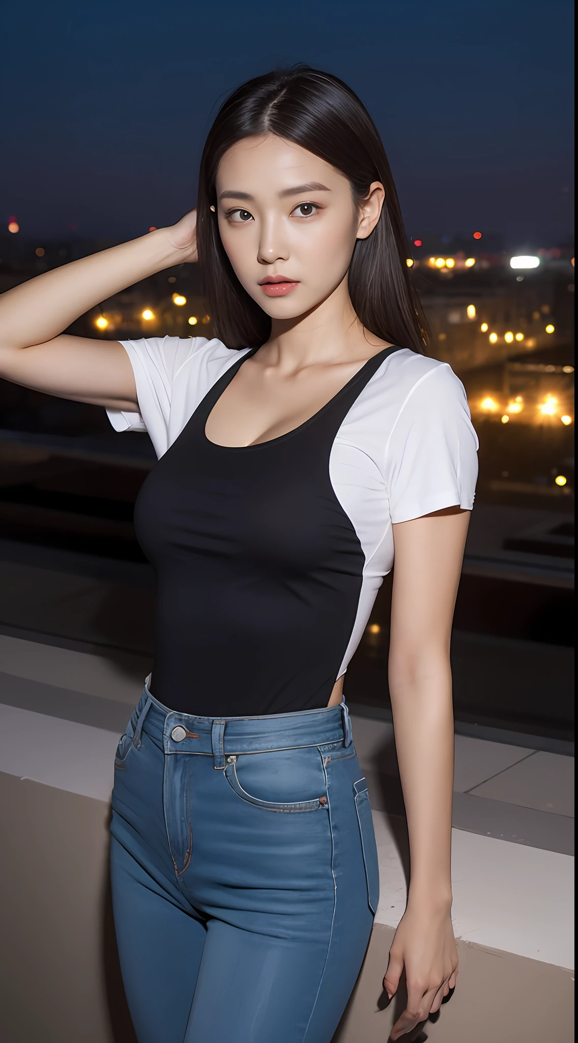 (Different angles and postures)((midynight, best qualtiy, 8K, tmasterpiece :1.3)), full bodyesbian, long leges, Sharp focus :1.2, A beautiful woman with a perfect figure :1.4, Slender abs :1.1, ((dark brown hair, middlebreast :1.2)), (white tight t-shirt, standing on your feet:1.2), (nighttime scene, the roof:1.3)), Highly Detailed Face and Skin Textur, Fine Eye, 二重まぶた