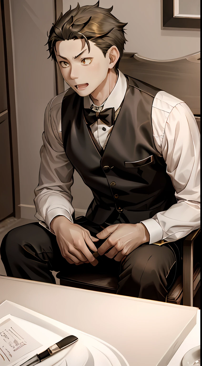 (1 Adult male),A high resolution, Sharp focus, Pixiv masterpiece, ((Complicated details)), highly detailed, natsuki_subaru, 1 man, with her mouth open,drools,full bodyesbian, Golden eyes(eyes glowing), with short golden hair,The shirt,Black tie,obi strip,perspire,look from down