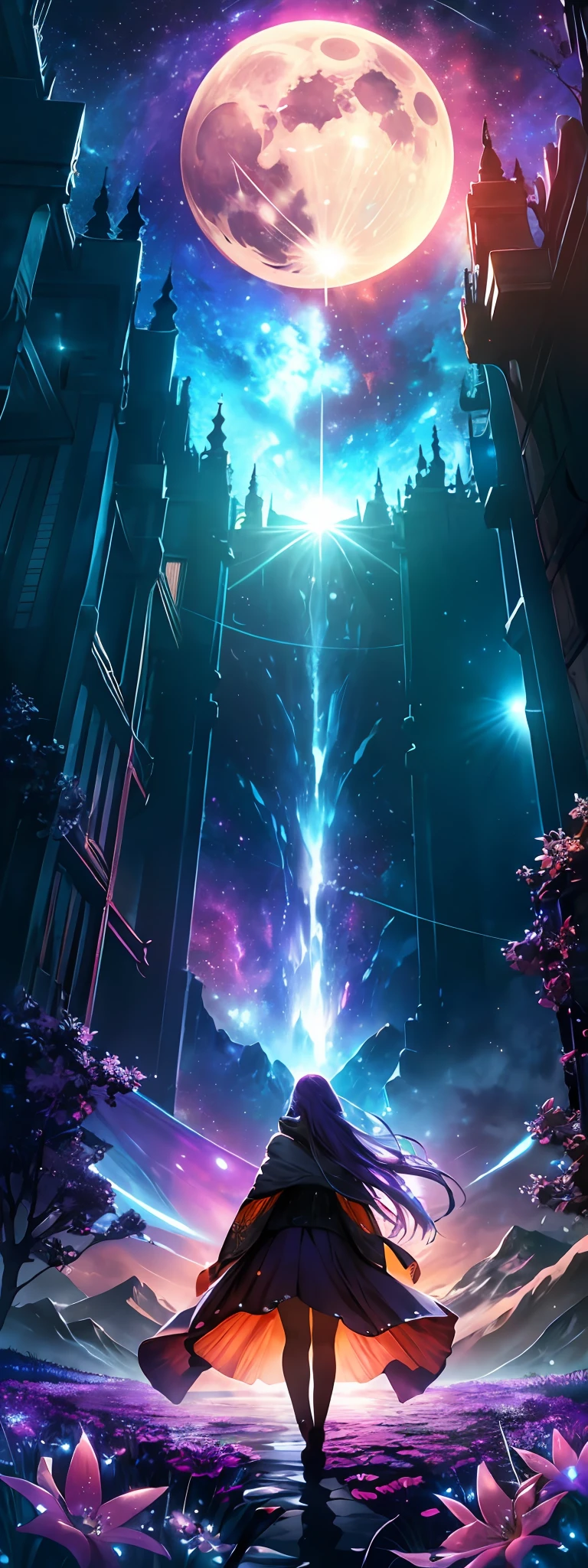 expansive landscape photograph , (a view from below that shows sky above and open field below), a girl standing on flower field looking up, (full moon:1.2), ( shooting stars:0.9), (nebula:1.3), distant mountain, tree BREAK
production art, (warm light source:1.2), (Firefly:1.2), lamp, lot of purple and orange, intricate details, volumetric lighting BREAK
(masterpiece:1.2), (best quality), 4k, ultra-detailed, (dynamic composition:1.4), highly detailed, colorful details,( iridescent colors:1.2), (glowing lighting, atmospheric lighting), dreamy, magical, (solo:1.2)
