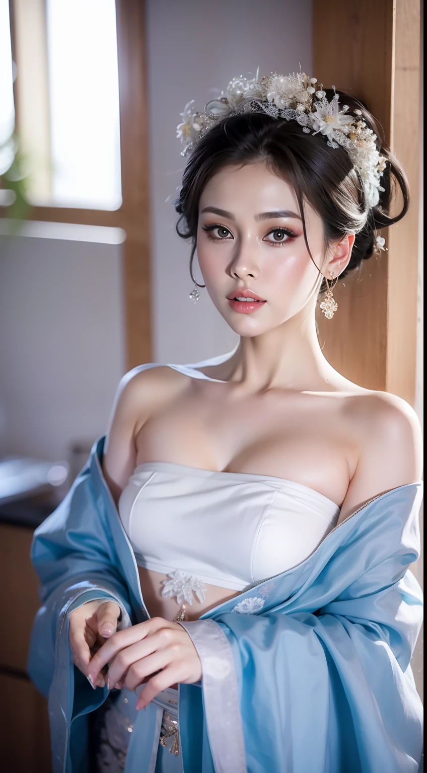 Fashion model 20 years old [[[[closeup cleavage]]]], [[[[boobgasm]]]], [[[[coll]]]], [[[[bshoulders]]]], perfect  eyes, Perfect iris，Perfect lips，perfect teeth，Perfect skin，Long face，slender nose，tall nose bridge，Soft front light，hdr，Movie girl，Simple hairstyle，light make-up，Casual，（pastel colour：1.2）