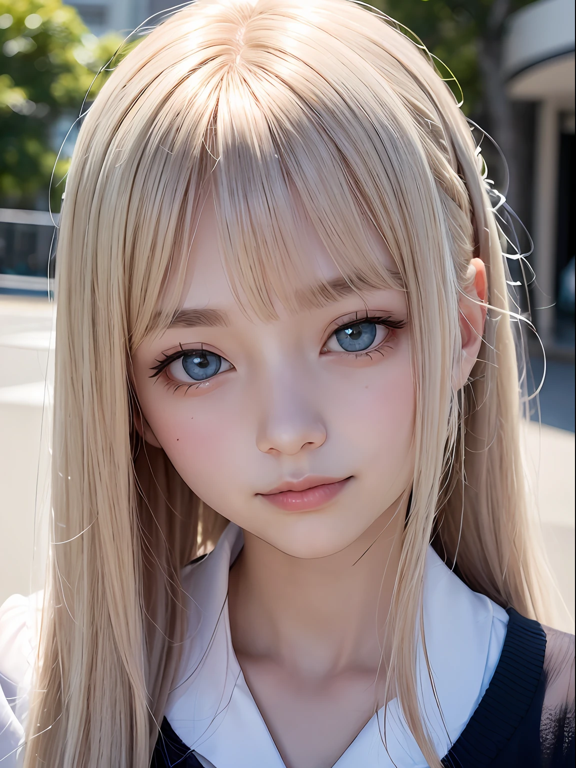 Platinum blonde hair is super long and filamentous straight hair、porate、School uniforms、bright expression、poneyTail、young and shiny white shiny skin、Best Looks、Shiny light hair、Beautiful bangs that shine、Double eyelids、eyes liner、Big crystal clear blue eyes,Shining with a mesmerizing light、a small face、Very nice cute cute 18 year old Eastern European girl、Large bust