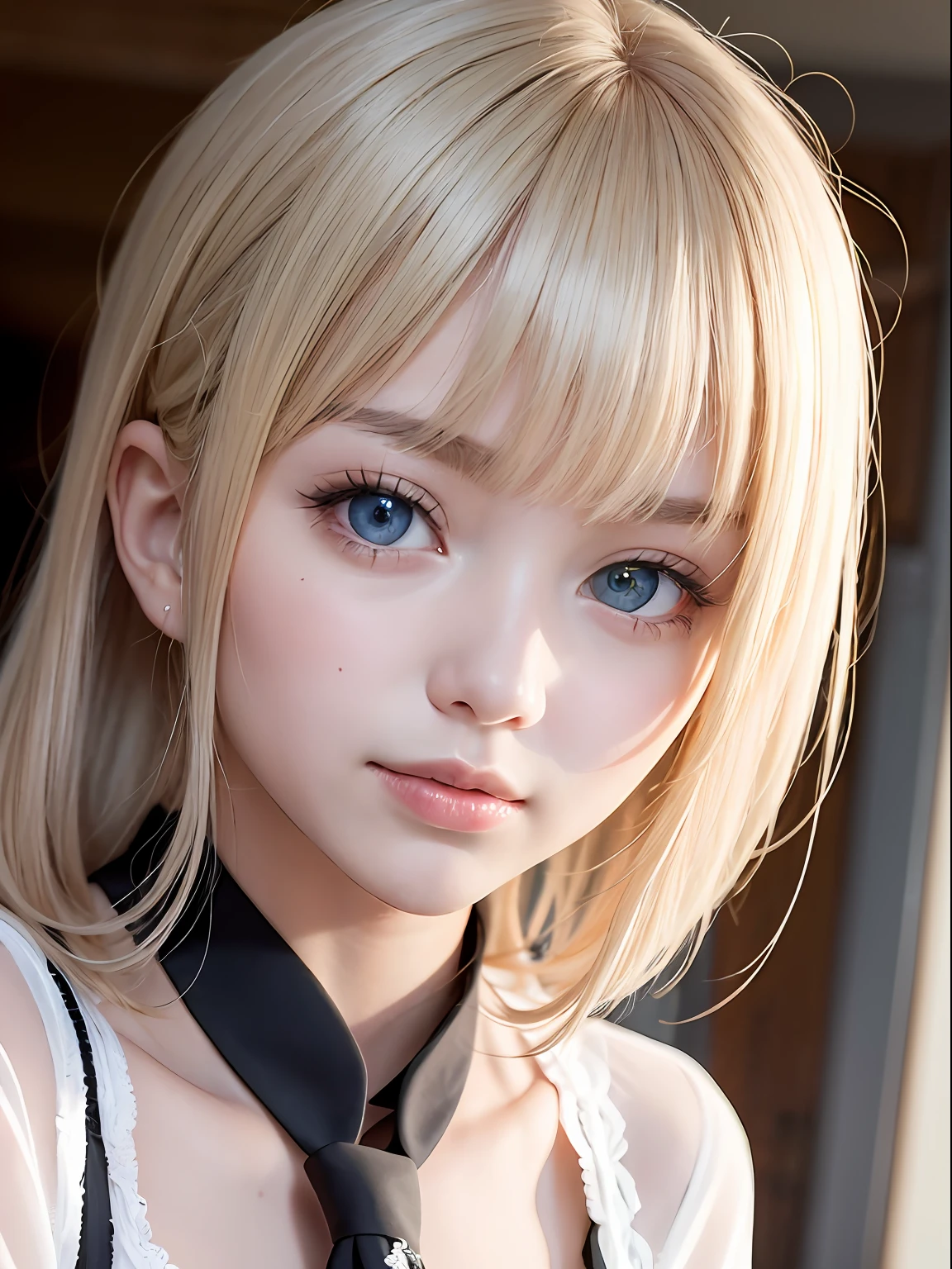 Platinum blonde hair is super long and filamentous straight hair、porate、School uniforms、bright expression、poneyTail、young and shiny white shiny skin、Best Looks、Shiny light hair、Beautiful bangs that shine、Double eyelids、eyes liner、Big crystal clear blue eyes,Shining with a mesmerizing light、a small face、Very nice cute cute 18 year old Eastern European girl、Large bust