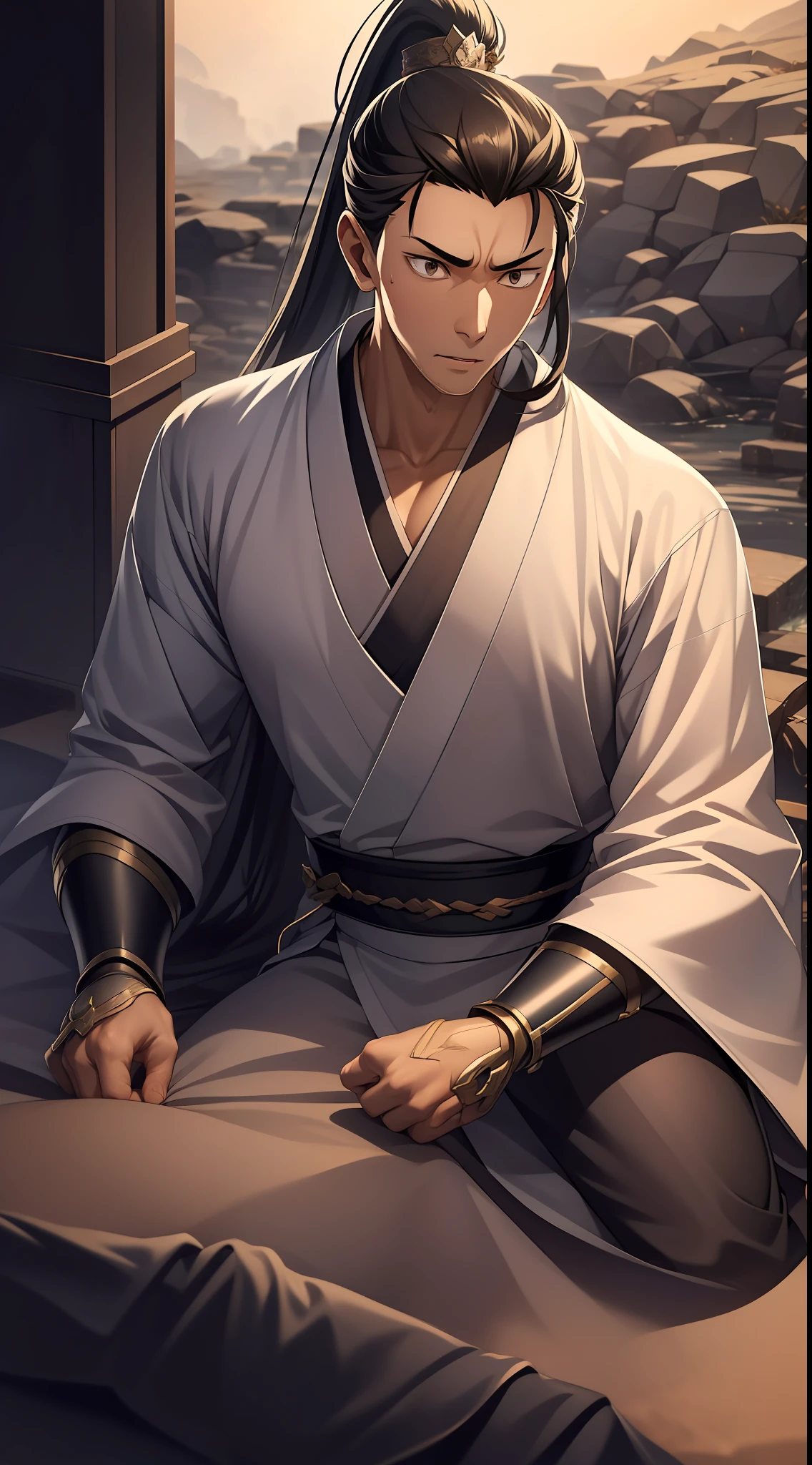 quadratic element,style of anime,mtu(Male Warrior),The proportions are correct,Face details,swordsmen,High ponytail hairstyle,Neck details,There is an Adam's apple,Black Hanfu,kaftan,black toga,clothes details,Handing over,longer sleeves,Game quality,Swordsmanship,Light and shadow tracking,Ray traching,detailed glow,cg render,hair detail,cabelos preto e longos,Black ㇏ eyes,Handsome,Handsome,(juvenile sense),Clothing is complicated,Perfectcomposition,Refinement,high qulity,higher details,Lots of details,The background is complex,a sense of atmosphere,