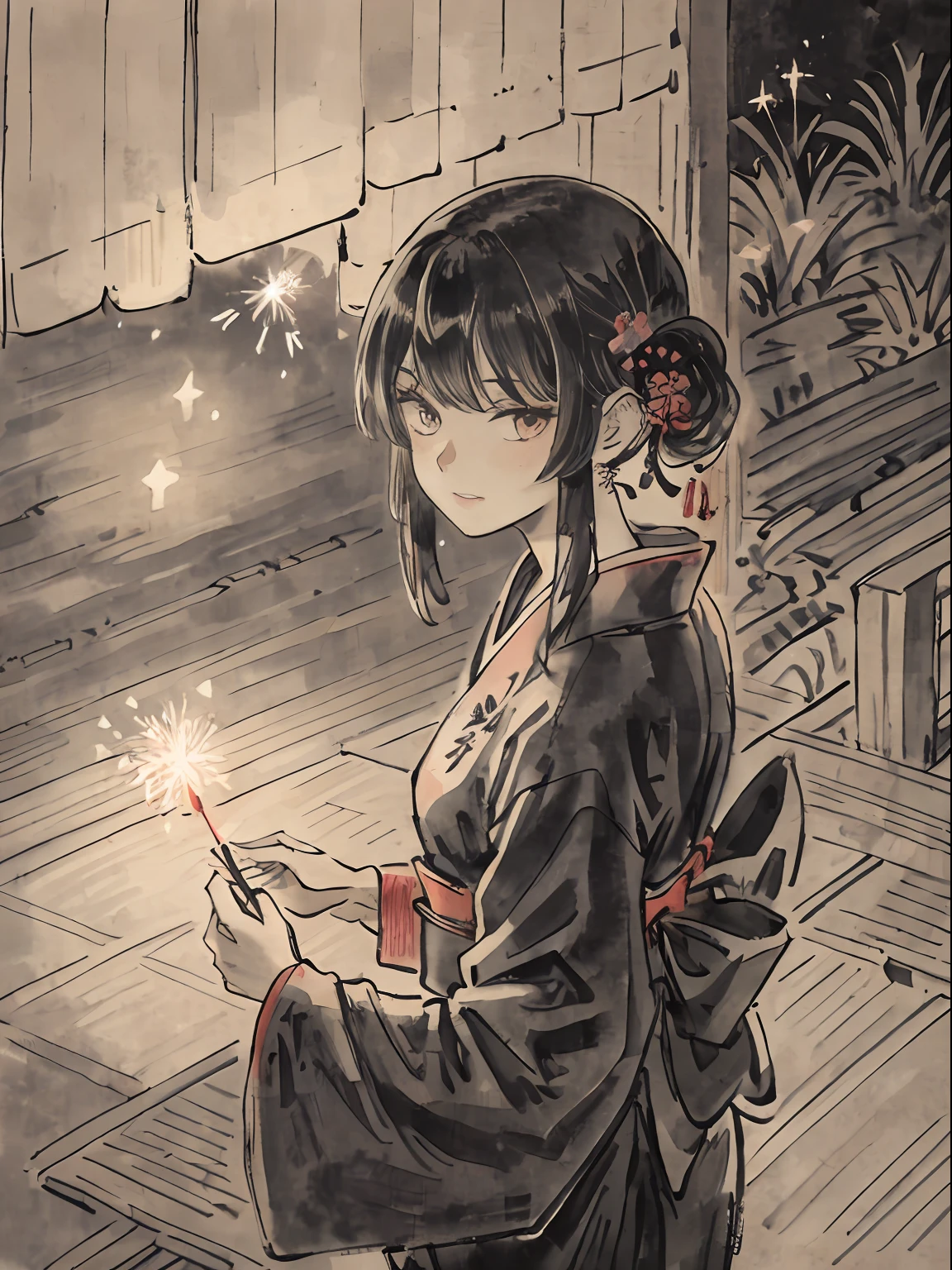 Draw the texture of Japanese paper、Black and white woodblock prints in ink。Early Showa period, She was about 20 years old, Eta、She was a woman with no strong self-esteem in kimono and kappo kimono.。Sparklers on the porch at night。It's dark around, but the light of sparklers brightens your face.。