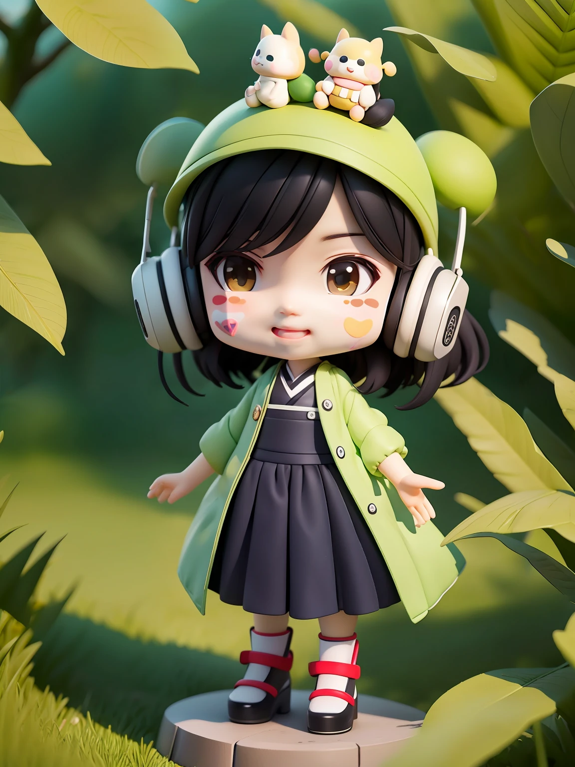 (Daisaku),(Need),(Super meticulous),(full bodyesbian:0.7),a boy,tchibi,adolable,ssmile,Open-mouthed,城市,florals,Outdoors,Music,vellus hair,Hold thunderbolts,Manteau,The tree,:4,shirt,short detailed hair,SakuraNS,green headwear,mischievous,black color hair,Blush stickers,short- sleeved,By bangs,Earphone(beautiful detailed face),(美丽细致的眼睛),