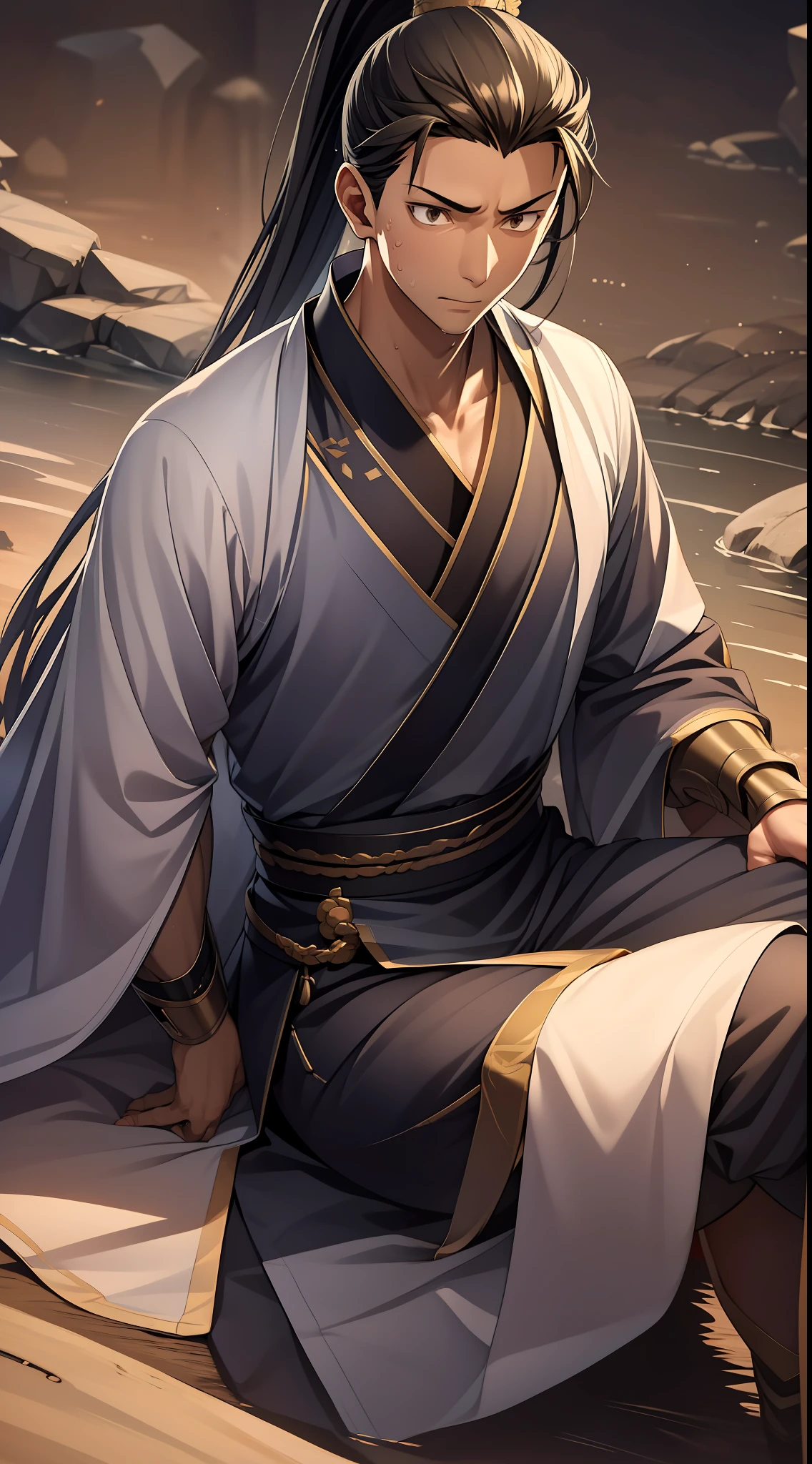 quadratic element，style of anime，mtu（Male Warrior），The proportions are correct，Face details，swordsmen，High ponytail hairstyle，Neck details，There is an Adam's apple，Black Hanfu，kaftan，black toga，clothes details，Handing over，longer sleeves，Game quality，Swordsmanship，Light and shadow tracking，Ray traching，detailed glow，cg render，hair detail，cabelos preto e longos，Black ㇏ eyes，Handsome，Handsome，（juvenile sense），Clothing is complicated，Perfectcomposition，Refinement，high qulity，higher details，Lots of details，The background is complex，a sense of atmosphere，