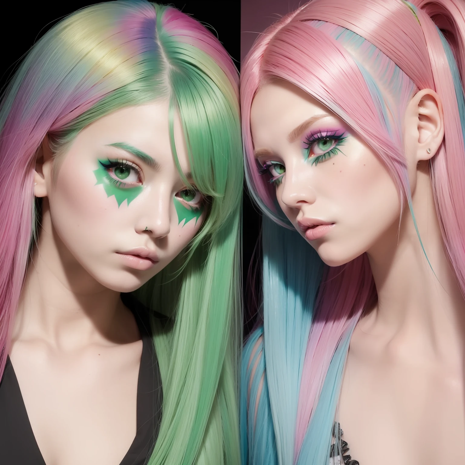arafed woman with pink and green hair covering her eyes, !! half and half hair dye!!, brilliantly colored, green and pink, split dye, half & half hair dye, half and half dye, looks a blend of grimes, ! split hair dye!, aurora colored hair, dyed hair, pink and green, two color hair, she looks like a mix of grimes