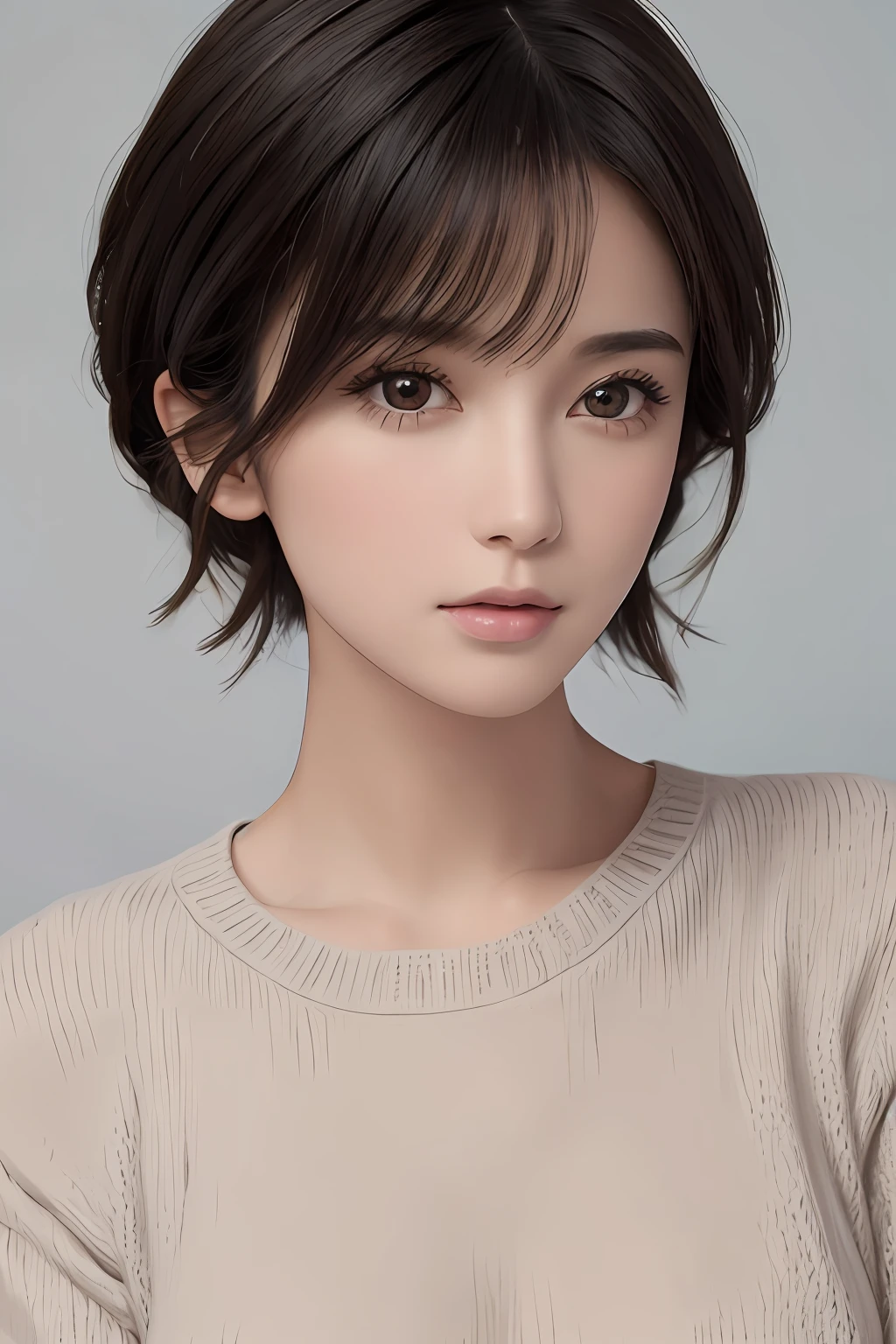 (Masterpiece: 1.3), (8k, Photorealistic, RAW Photo, Best Quality: 1.4), (1girl), Beautiful Face, (Realistic Face), (Black Hair, Short Hair: 1.3), Beautiful Hairstyle, Realistic Eyes, Beautiful Detail Eyes, (Realistic Skin), Beautiful Skin, (Sweater), Absurd, Attractive, Ultra High Definition, Ultra Realistic, High Definition, Golden Ratio, Naked