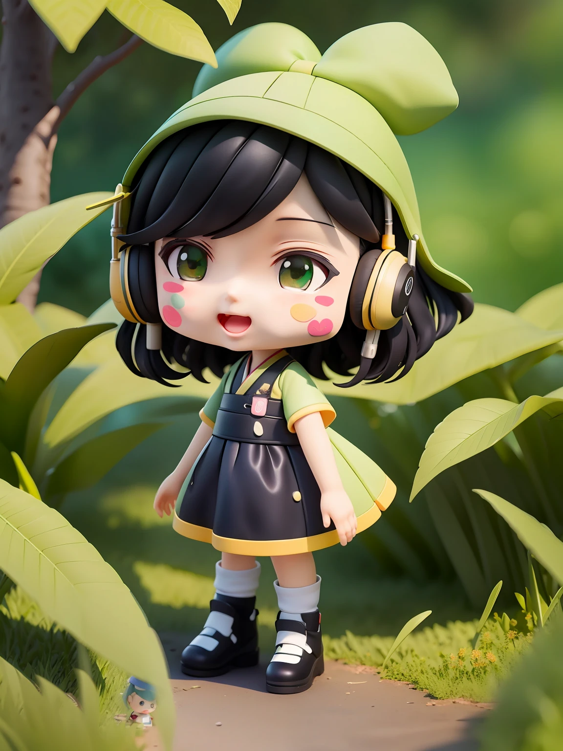 (Daisaku),(Need),(Super meticulous),(full bodyesbian:0.7),a boy,tchibi,adolable,ssmile,Open-mouthed,城市,florals,Outdoors,Music,vellus hair,Hold thunderbolts,Manteau,The tree,:4,shirt,short detailed hair,SakuraNS,green headwear,mischievous,black color hair,Blush stickers,short- sleeved,By bangs,Earphone(beautiful detailed face),(美丽细致的眼睛),