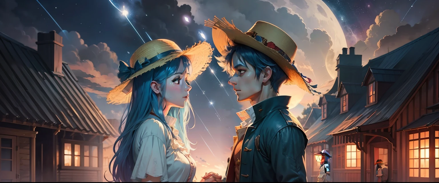 Luffy wearing a pirate hat and a blue-haired teenager wearing a straw hat who are staring at the stars, inspirado em Jakub Schikaneder, inspirado em Pascale Campion, conceito de arte para uma capa de livro, summer night, tochas e vagalumes, arte da capa de um livro, holding hands in the moonlight, Sob as estrelas, com estrelas, Pirilampos, book cover illustration, Olhando para as estrelas