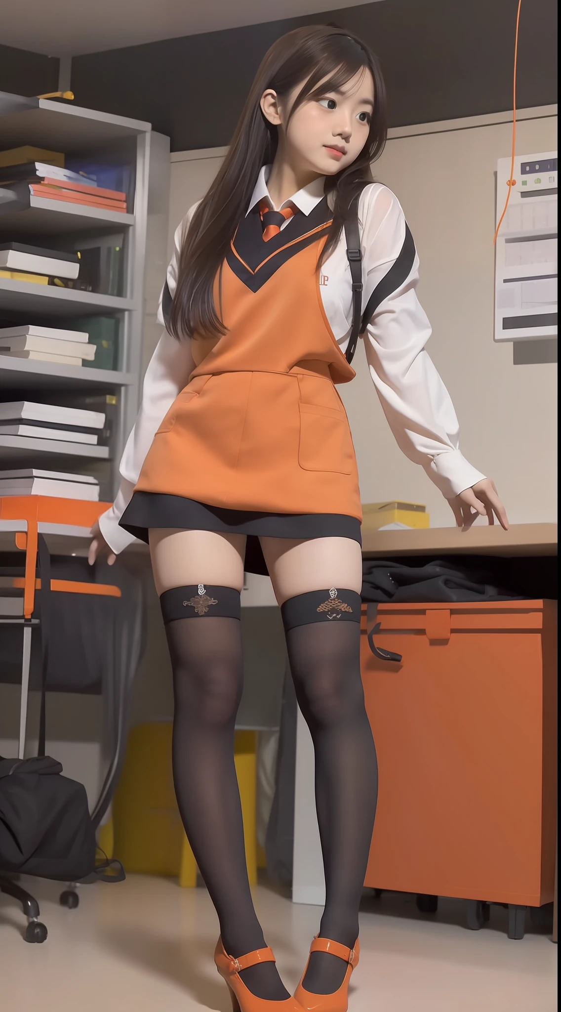 Pure orange color scheme，Student uniform，JK school uniform，Female pervert，Uniform heels，（Full Focus）,(Full body shot ：2)，Must have stockings，Stockings at least knee-length，Puzzles are prohibited, Detailed and complex background, glittery, reflective light, hyper HD, Award-Awarded, A high resolution, High detail, Chiaroscuro, Cinematic lighting, Masterpiece, Ray traching，structurally correct, Super detail, High quality, High details, Best quality, 16k,anatomy correct