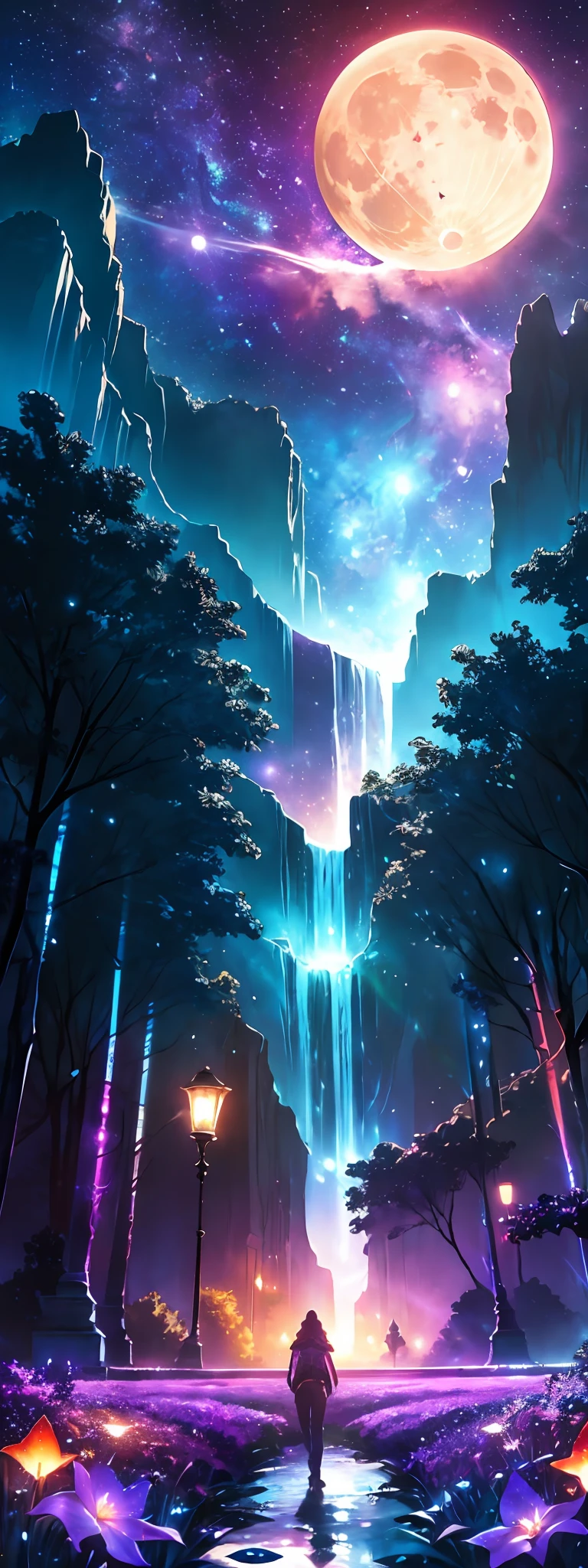 expansive landscape photograph , (a view from below that shows sky above and open field below), a girl standing on flower field looking up, (full moon:1.2), ( shooting stars:0.9), (nebula:1.3), distant mountain, tree BREAK
production art, (warm light source:1.2), (Firefly:1.2), lamp, lot of purple and orange, intricate details, volumetric lighting BREAK
(masterpiece:1.2), (best quality), 4k, ultra-detailed, (dynamic composition:1.4), highly detailed, colorful details,( iridescent colors:1.2), (glowing lighting, atmospheric lighting), dreamy, magical, (solo:1.2)