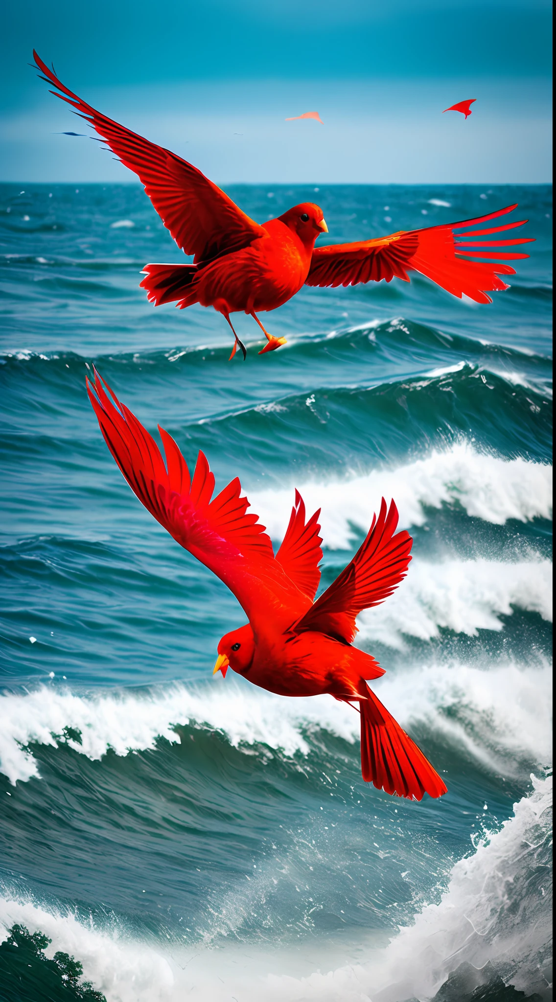 ((One red bird flies over the sea), waves, splatter,