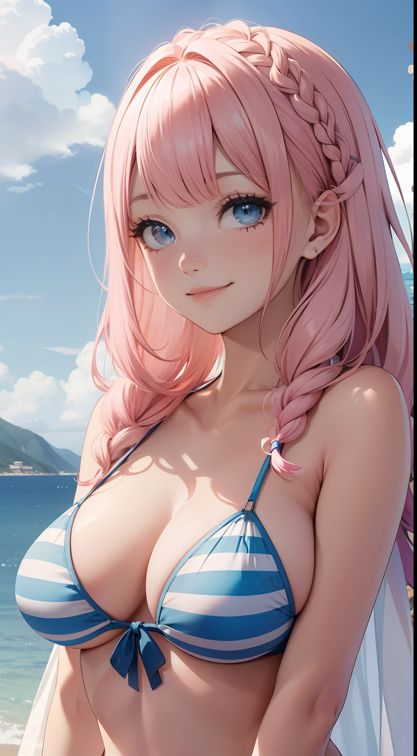 Ridiculous resolution, A high resolution, (Masterpiece:1.4), 1girll,Bust photo,A pink-haired,By bangs,Braided sides at the sides,Enchanted smile,(tulle shawl,Blue and white striped bikini),medium boob,Glossy glossy skin,ultra - detailed, cloudless sky,the sea,baiyun,the space, afloat