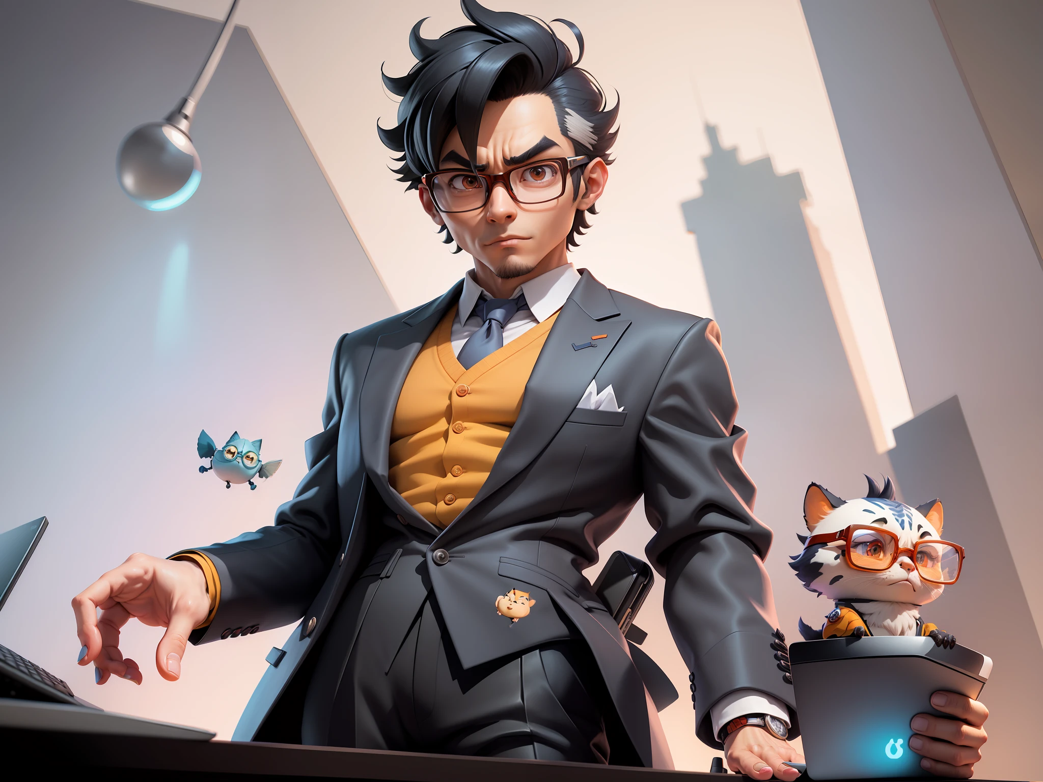 A young man in a suit and pants, Short hair and glasses sat at his desk，holding laptop，digitial painting，tigre，3D character design by Mark Clairen and Pixar and Hayao Miyazaki and Akira Toriyama，4K HD illustration，Very detailed facial features and cartoon-style visuals。