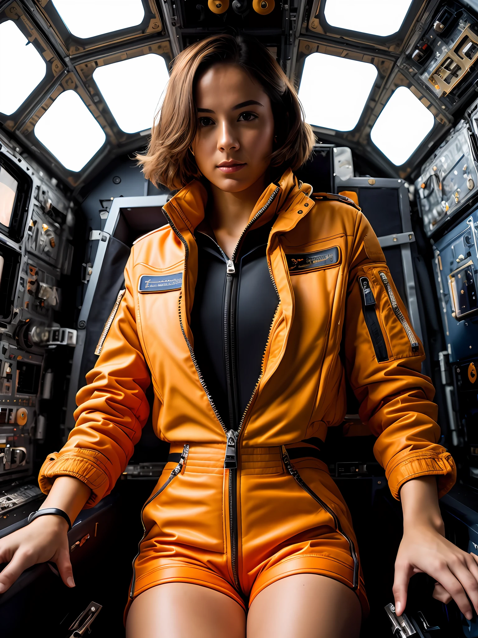 a woman sits in the pilot's seat, (wide open jacket:1), (joystick:1.3), orange shorts, short pants, open zipper, (open zipper:1.3) legs open, (energy, light particles), 1girl, (portrait:1.2) of full body, a cute woman on the top of space station, (high detailed skin:1.2), 8k uhd, dslr, soft lighting, high quality, film grain, Fujifilm XT3, submissive, dominant, (sexy:1), romantic, BDSM, moody an atmosphere, attractive, ultra high res, ultra realistic, highly detailed, golden ratio