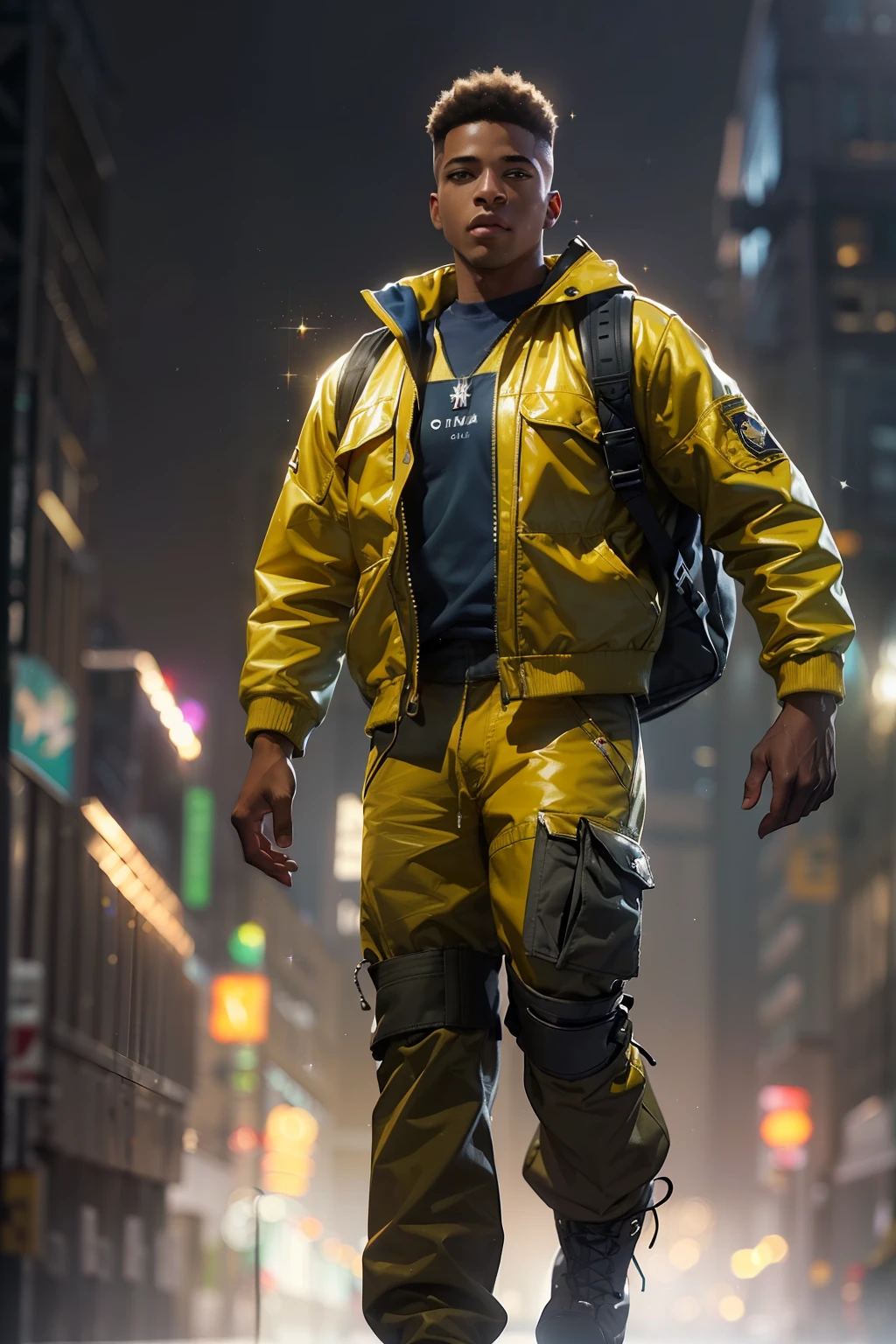 (
(Character: one afro-american man, military, short hair, (athletic body, stronger))
(Clothing: yellow jacket, overalls, boots)
(Pose: full body shot:1.7, dynamic pose)
(blurry, intense urban lights in background)
(Style: ((masterpiece:1.5)), (face detailed), photo-realistic:1.3, hyperrealistic, foggy, high contrast, shiny skin, soft lighting, backlighting, bloom, light sparkles, chromatic aberration)