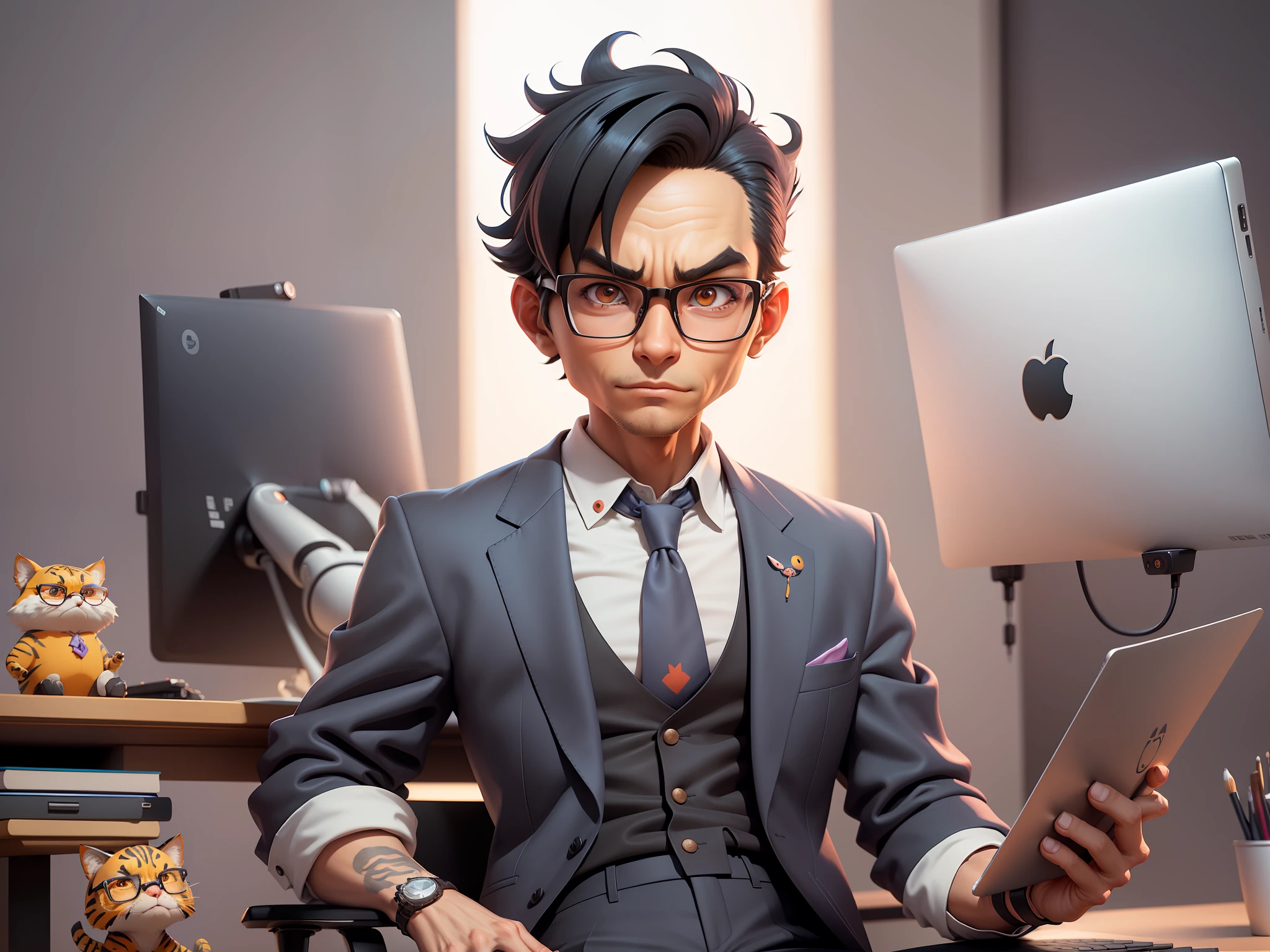 A young man in a suit and pants, Short hair and glasses sat at his desk,holding laptop,digitial painting,tigre,3D character design by Mark Clairen and Pixar and Hayao Miyazaki and Akira Toriyama,4K HD illustration,Very detailed facial features and cartoon-style visuals。
