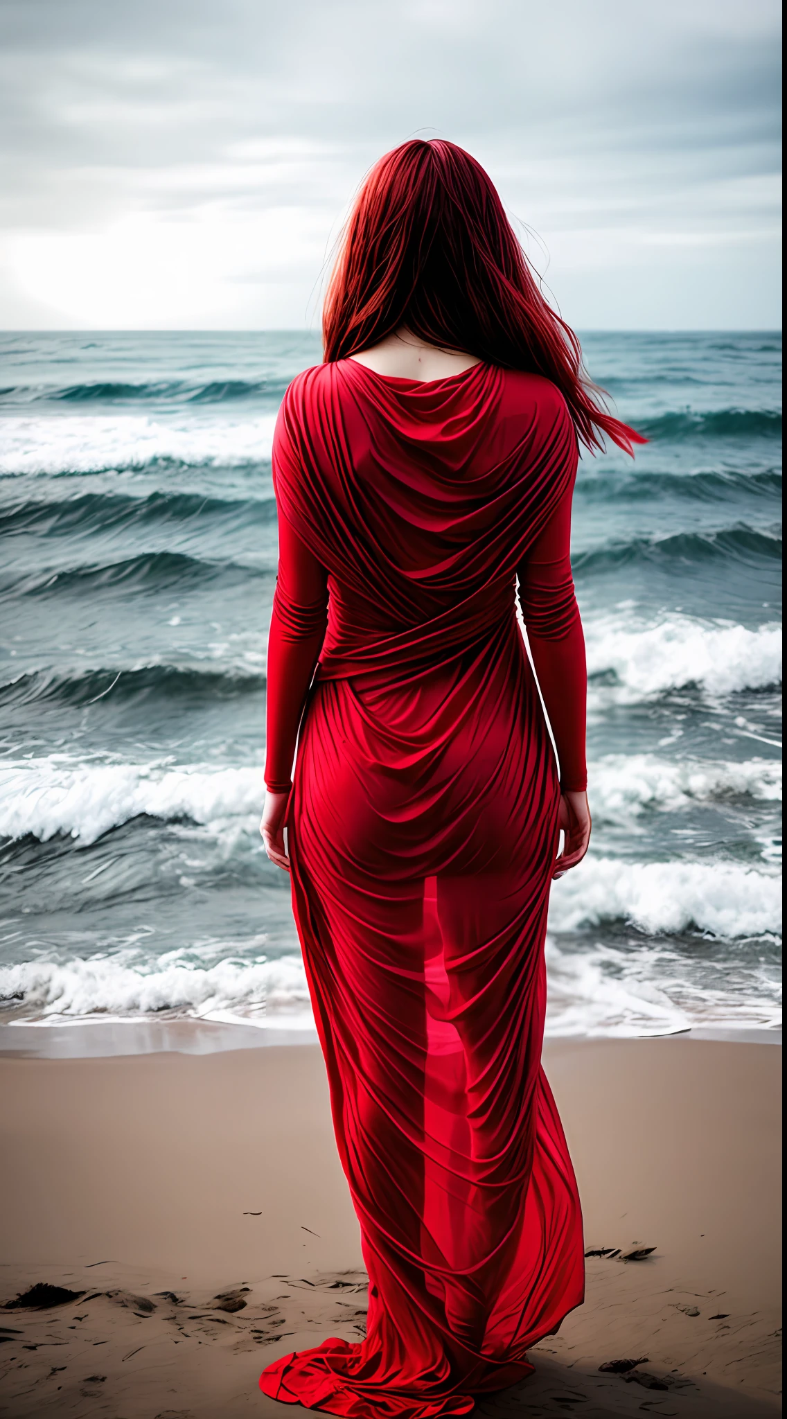 A woman stands with her back wrapped in a red translucent cloth on the seashore, It has red wings, Hair develops in the wind, Strong waves, splatter
