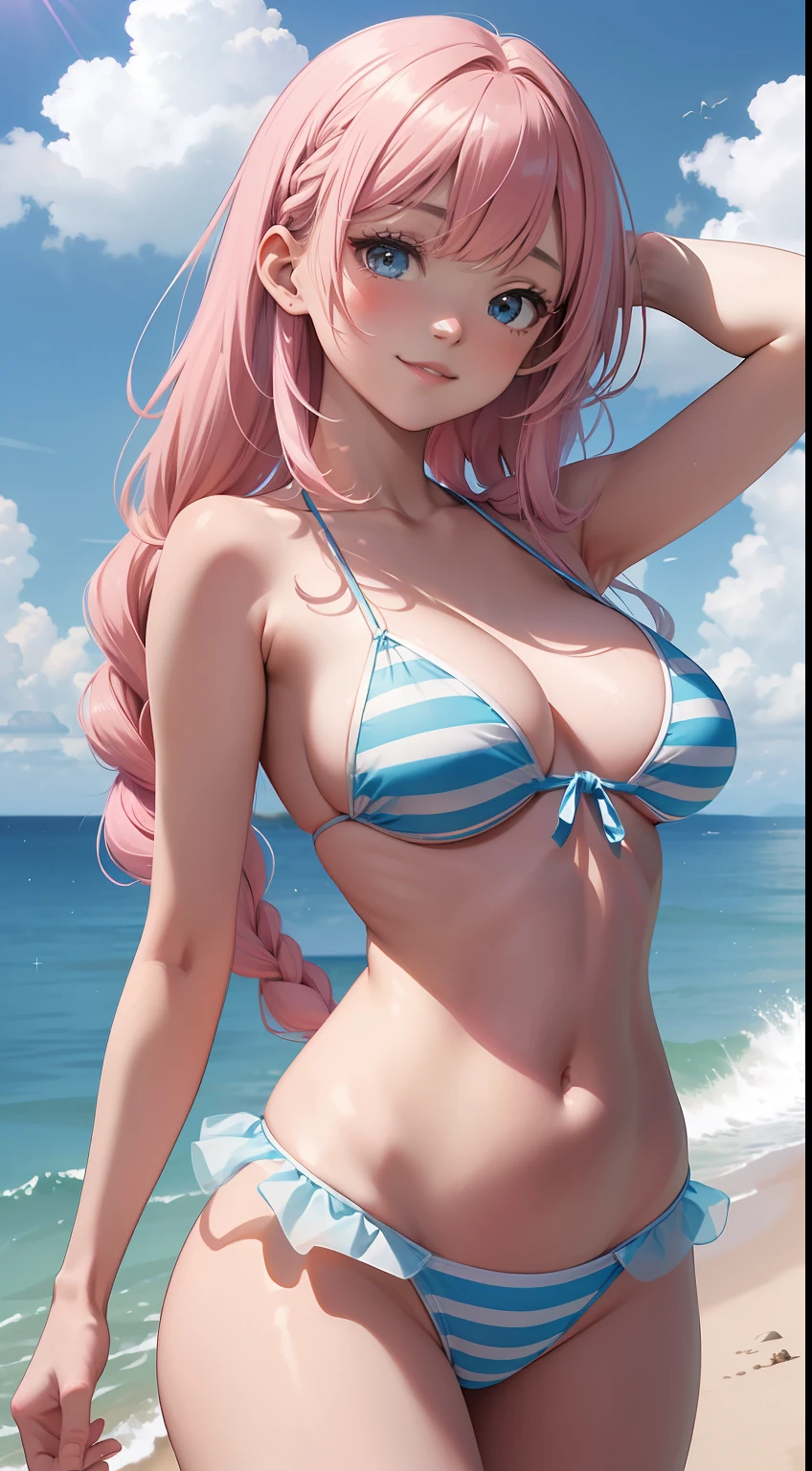 Ridiculous resolution, A high resolution, (Masterpiece:1.4), 1girll,Bust photo,A pink-haired,By bangs,Braided sides at the sides,Enchanted smile,(tulle shawl,Blue and white striped bikini),medium boob,Glossy glossy skin,ultra - detailed, cloudless sky,the sea,baiyun,the space, afloat