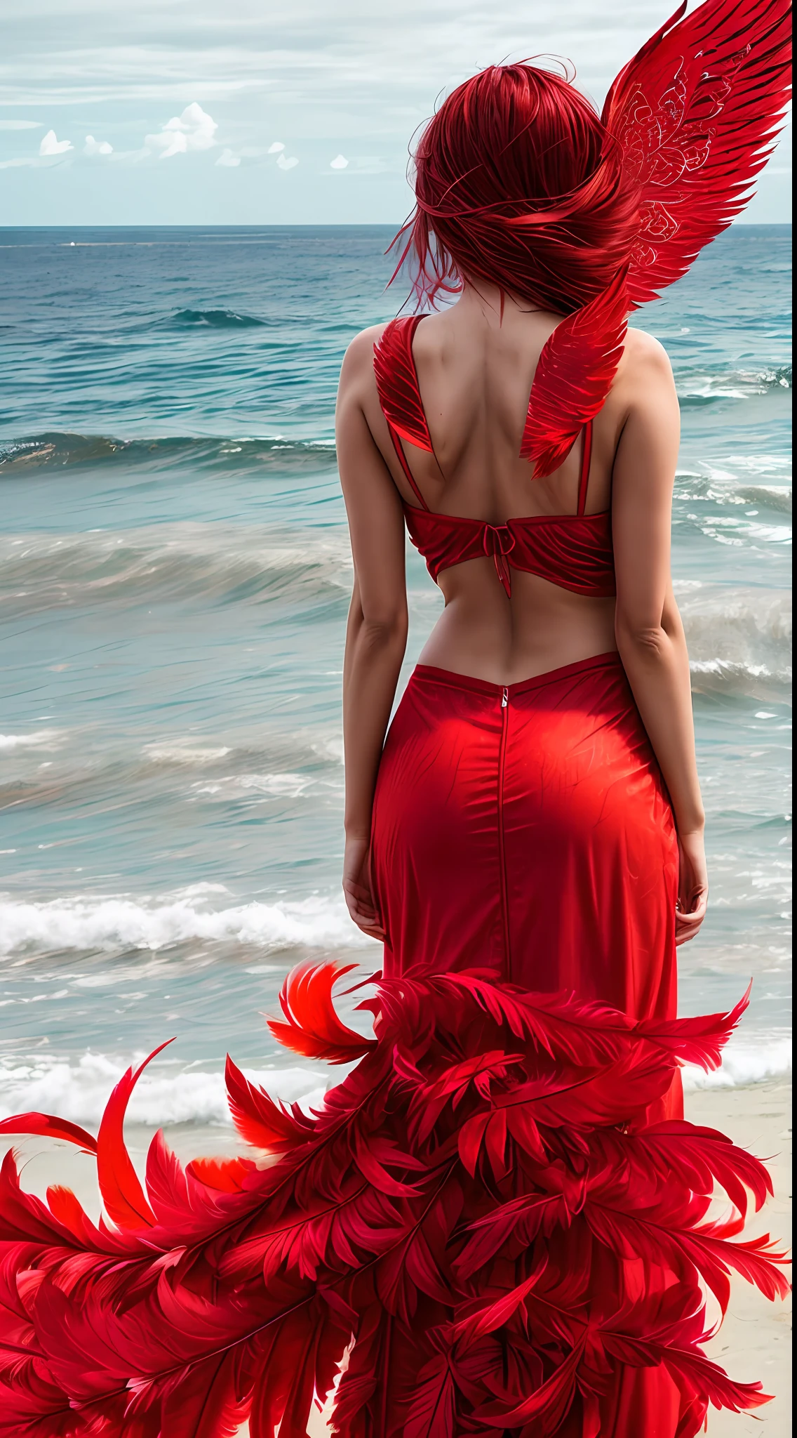 There is a woman standing, wrapped back in a red translucent cloth, in a beachfront environment, (((It has red wings, grow out of the back, Wings of red feathers)), Hair develops in the wind, Strong waves, splatter