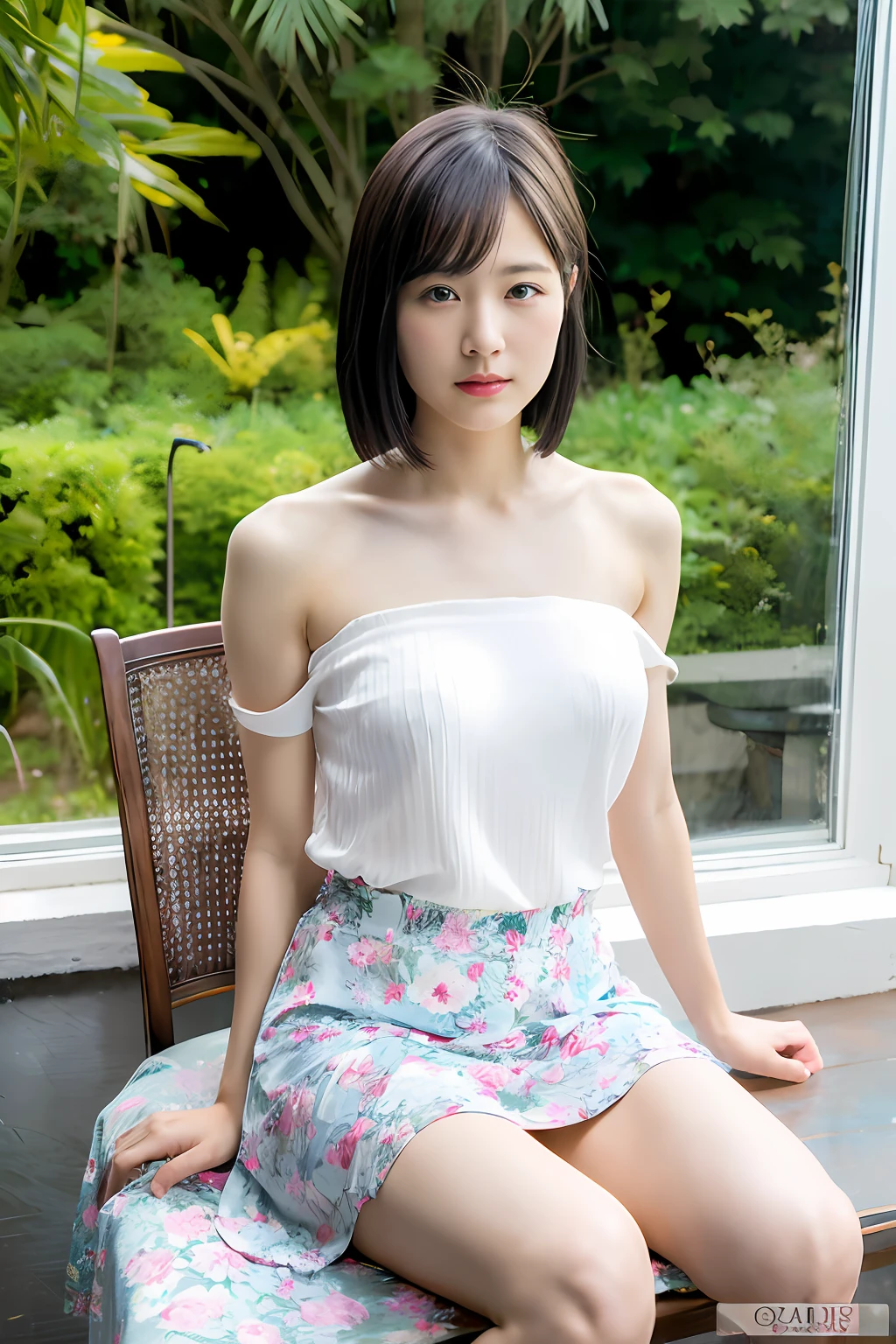 RemuSuzumori,masterpiece,(realistic), absurdres, highly detailed CG unified 8K wallpapers, (HQ skin:1.2),8k uhd, dslr, high quality, ((a japanese girl wearing white shirt, sleeveless, shirt off shoulder, floral skirt, home garden, sitting on chair, look at viewer )), dark eyes, beautiful and detailed eyes, (real skin), beautiful skin, attractive, ultra-high resolution, ultra-realistic,high-definition,detailed background,