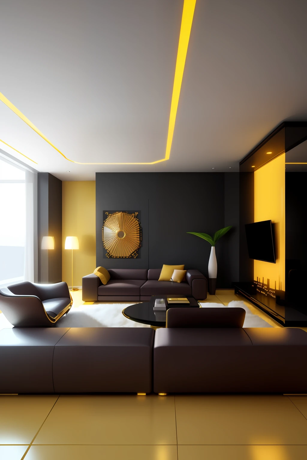 A futuristic room with golden furnitures