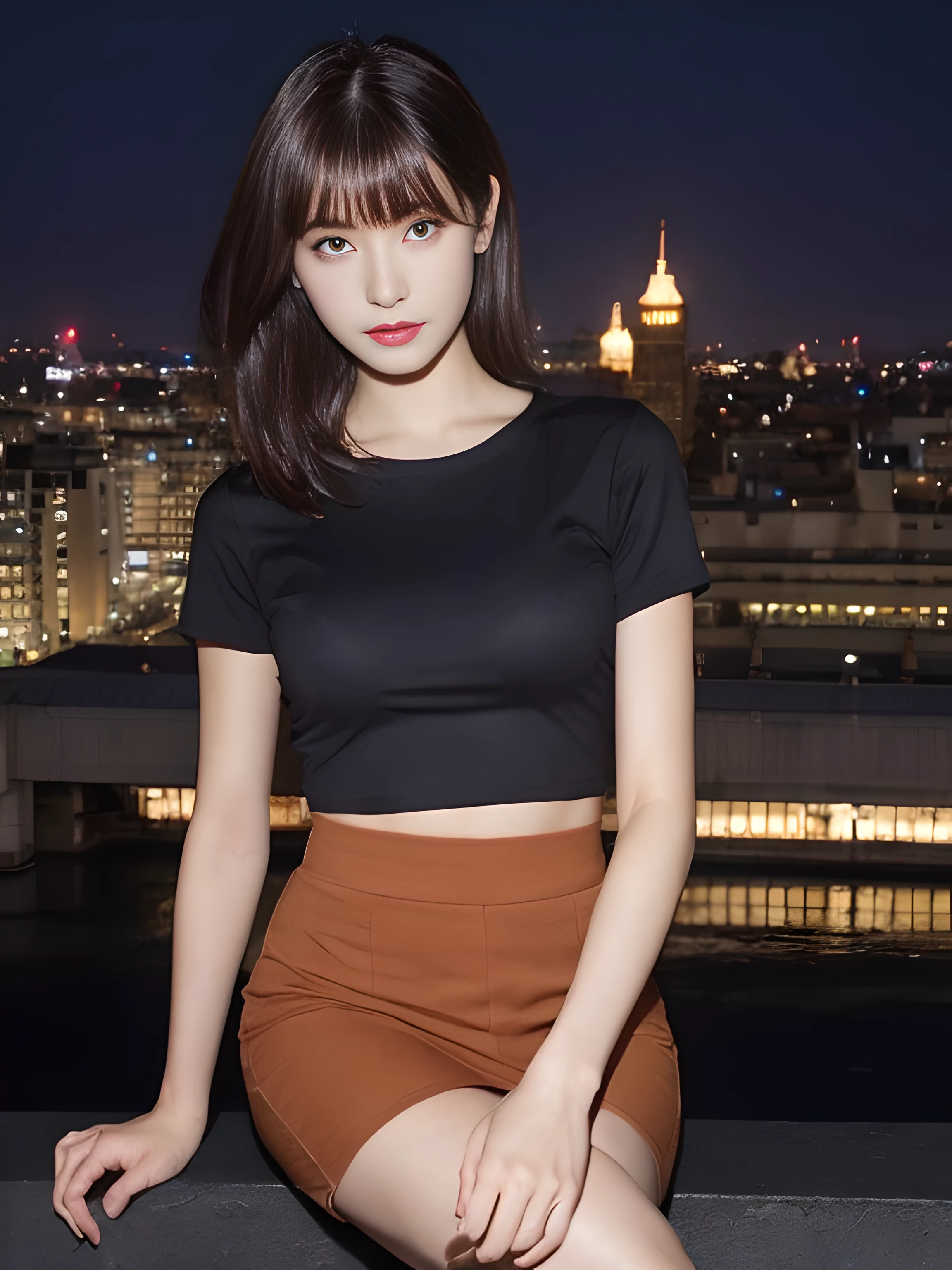 ((midynight, Acura, 8K, tmasterpiece: 1.3)), full bodyesbian, long leges, Focalors: 1.2, perfect figure beautiful woman: 1.4, Slim abs: 1.1, (dark brown hair,: 1.2 )), (Pink skinny T-shirt, short skirt,sitting on a stool: 1.2), (city night scene, the roof: 1.3)), Highly Detailed Face and Skin Textur, detailedeyes, 二重まぶた,