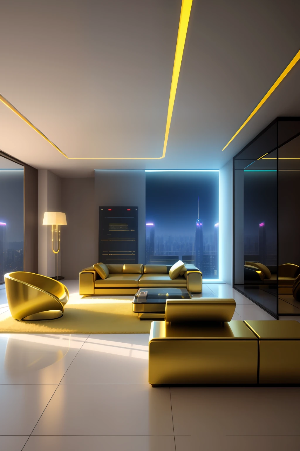 A futuristic room with golden furnitures