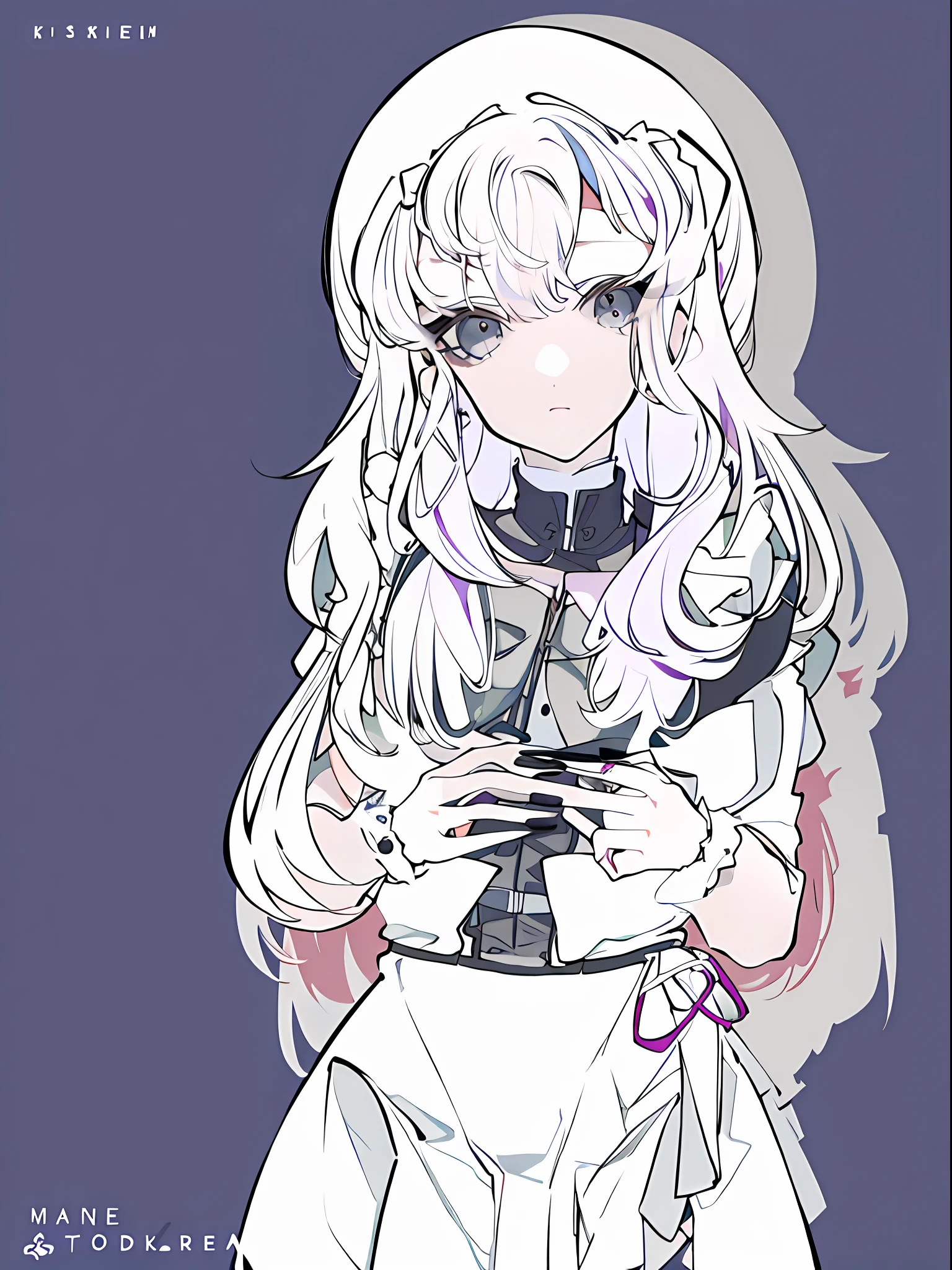 masterpiece, best quality, 1girl, solo, long_hair, looking_at_viewer, bangs, simple_background, long_sleeves, dress, hair_between_eyes, jewelry, closed_mouth, monochrome, upper_body, white_hair, frills, puffy_sleeves, fingernails, maid, maid_headdress, ring, black_nails, purple_background,
