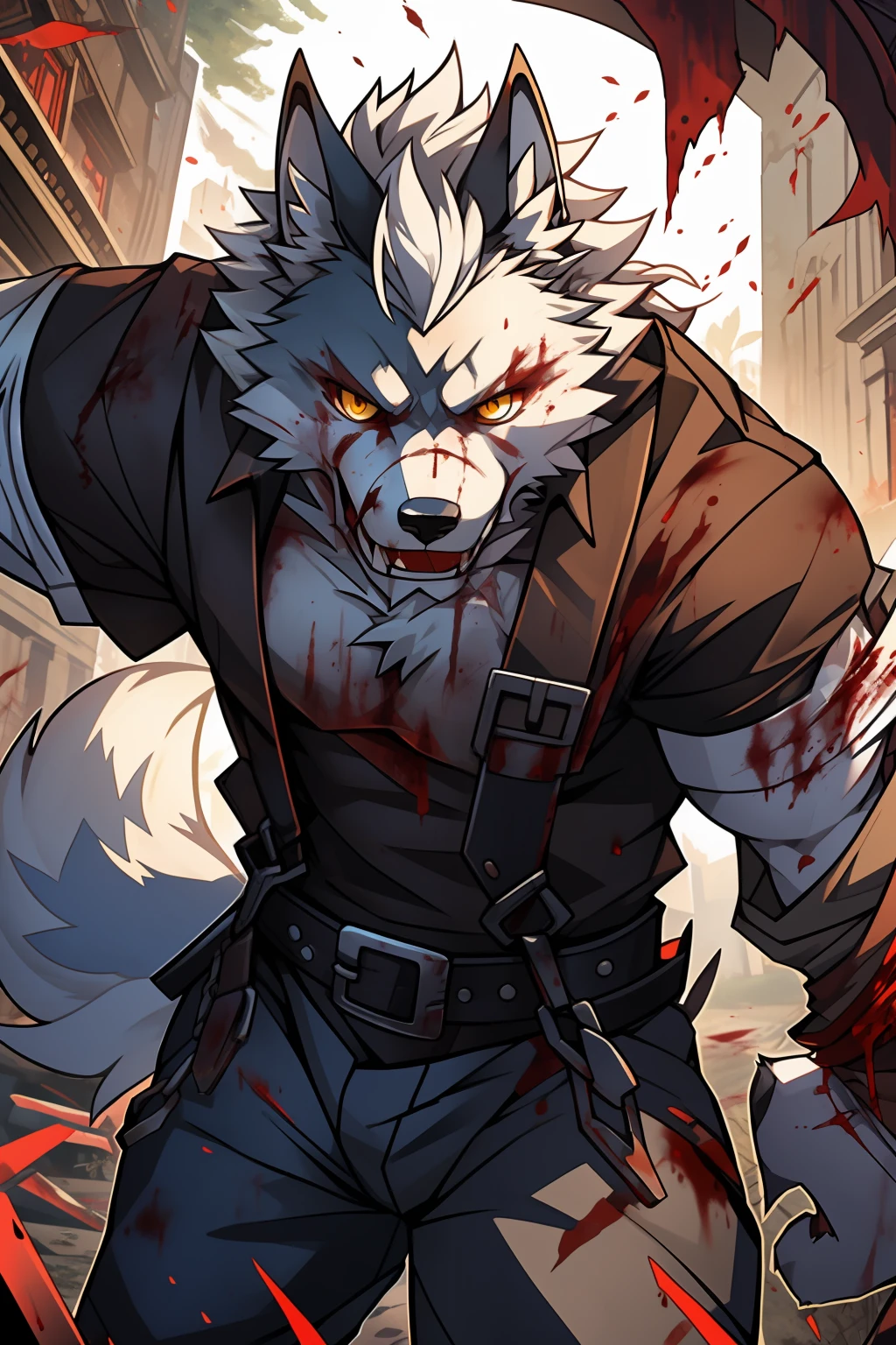 terroral，blood vess，rampage，zombie，Blood on the body，The corners of his mouth were stained with blood，solo person，White body，White ears，White hair，White fur，Overall white，Orange-yellow eyes，Wolf tail，Wolf orcs，young，Wear a short-sleeved shirt，Ultra-clear screen，Soft lines