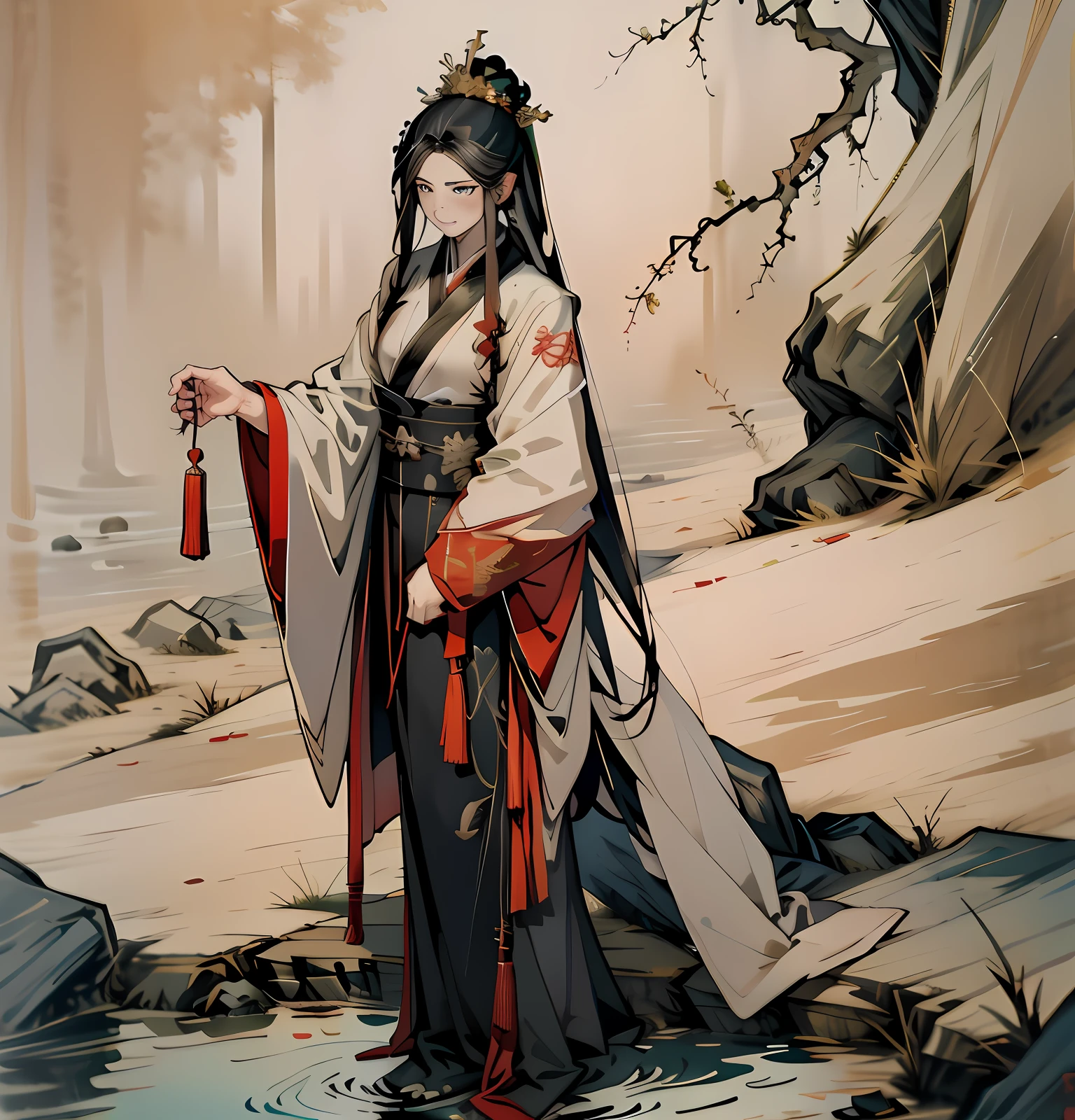 She was like a female emperor,Wearing Chinese Hanfu,The clothes are big red, Elegant and luxurious,The temperament of the ancient queen can be seen from her,Like Wu Zetian,She is Xiao Wei in the painting skin,fox demon,There are ghosts around,It's the devil,Also God,Draw a full-body image