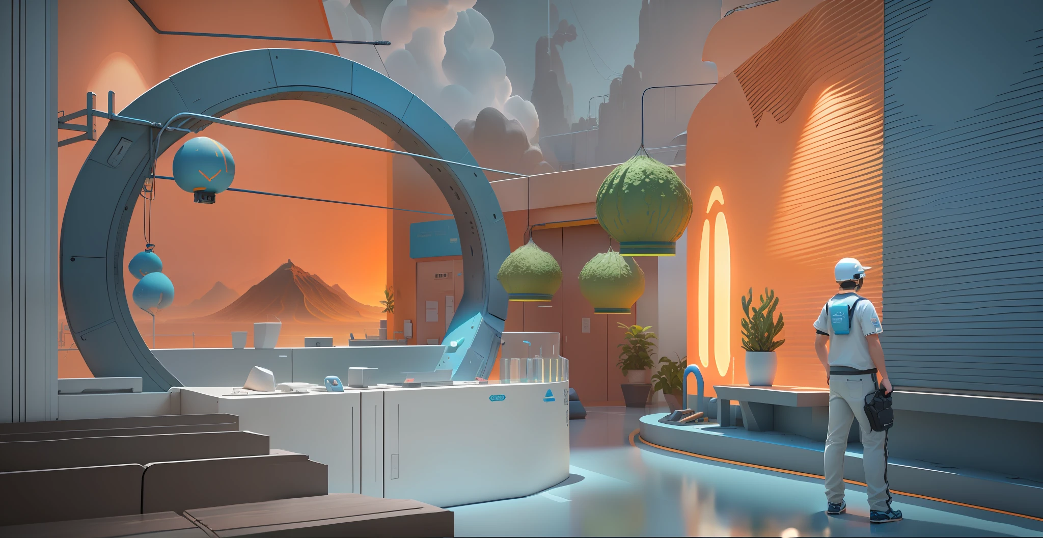 Themed playground outlet store , swell sea、a plant、volcanoes，in the art style of filip hodas, 3 d render beeple, inspired by Filip Hodas, inspired by Mike Winkelmann,plethora of colors ,Rendered in V-Ray, futuristic laboratory，k hd，8K