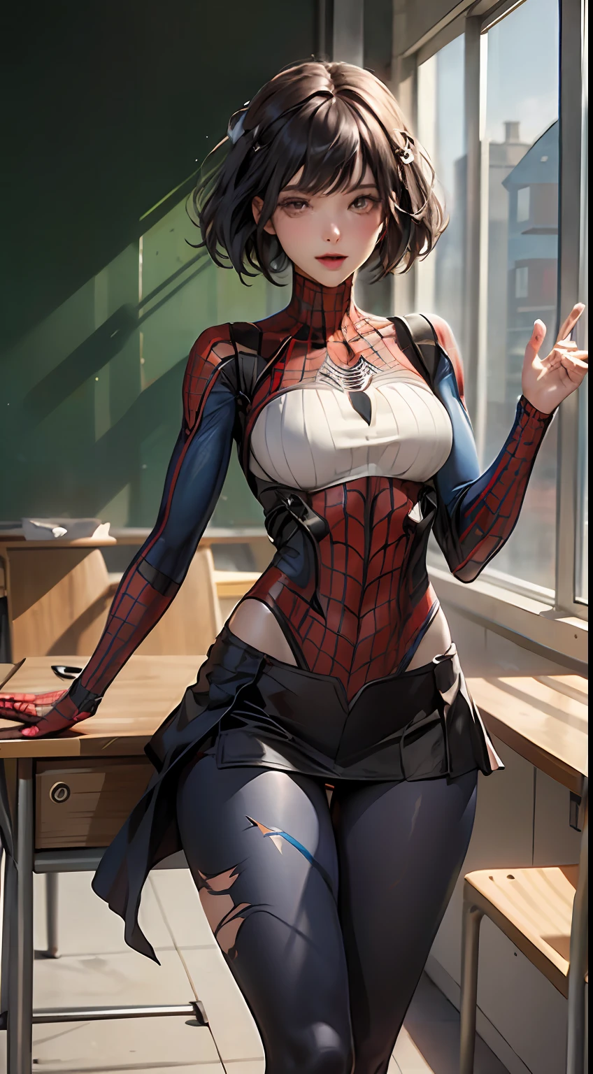 tmasterpiece，best qualtiy，cinematic Film still from，（fully body photo：1.5），1girll，（Full body:2），shyexpression，The upper body is dressed in Spider-Man's clothes，mitts，The Spider-Man logo on the chest,Spider-Man cosplay,cabellos largos dorados,Spider cuirass covered，spiderman outfit，Detailed spider silhouette body with Spider-Man roleplay,perfect bodies,On the chest is the obvious Spider-Man logo，The lower body is a JK uniform，Yoga pants for，shorter pants，short  skirt，white stockings，standing on your feet，Dynamic shots，No shoes，The barefoot，Jade foot ，Toes，Broken stockings，Torn stockings，at class room，blackboards，Junior high school classrooms，classroom desk，Very long legs，brightly，cheerfulness，intriguing，gentlesoftlighting,