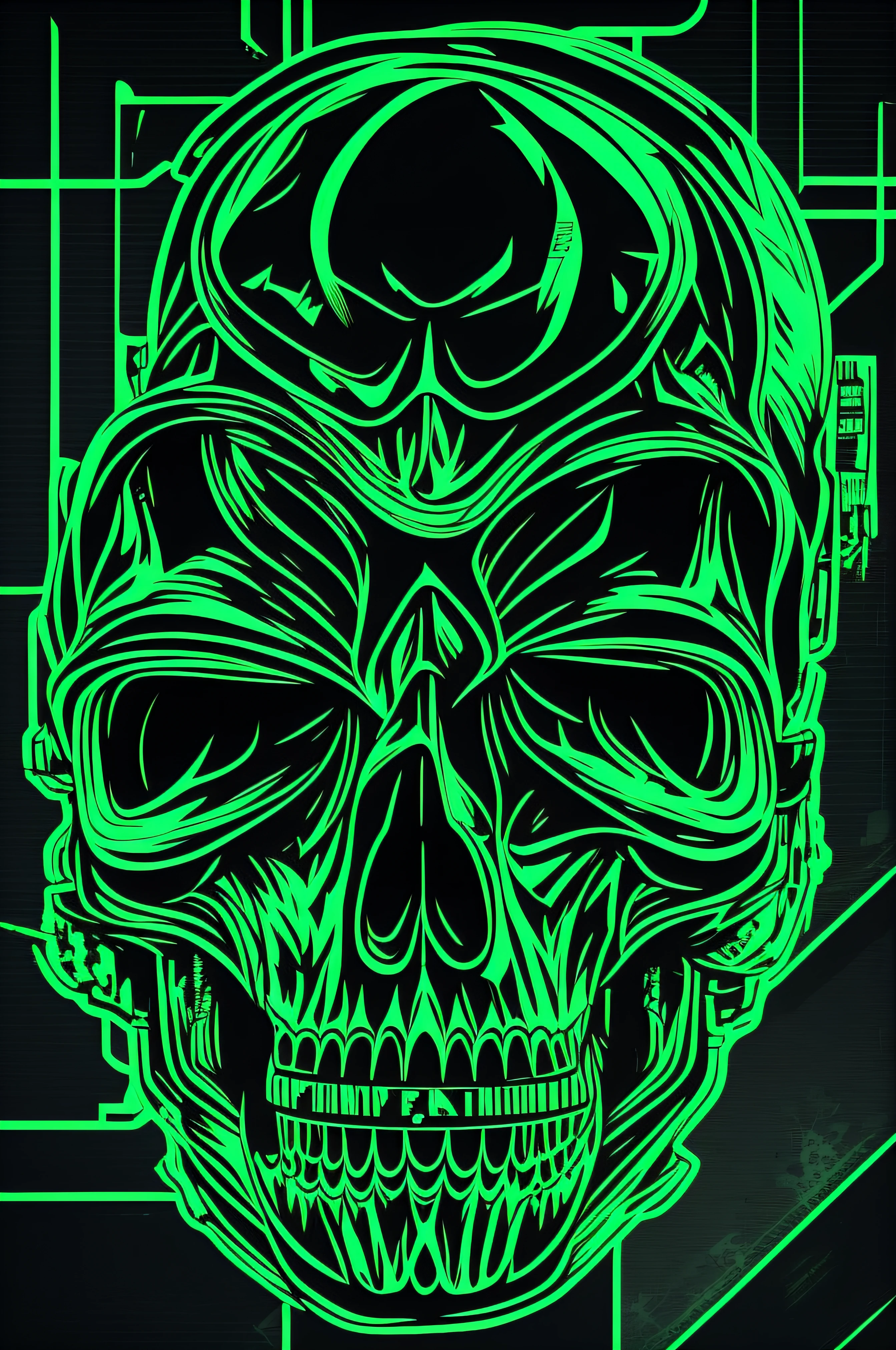 skull modern streetwear design greenlight, cyberpunk color, vector art