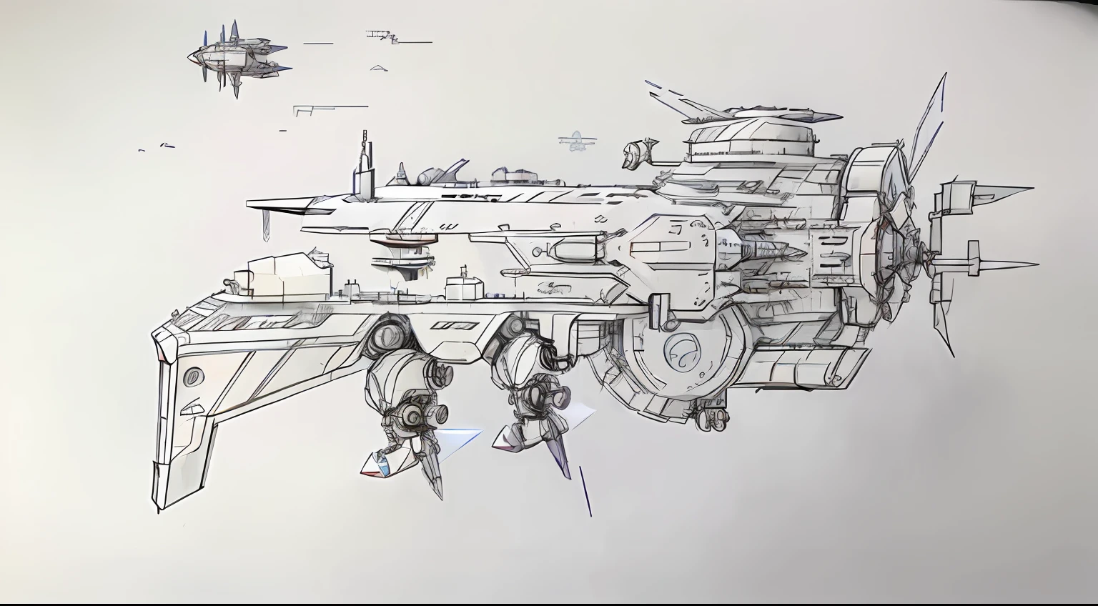 Detailed spaceship Sketch of a spaceship, concept-art, highly detailed sketch, concept sketches, stylized linework, loose linework, detailed but rough, parked spaceships, Pen sketch, Line sketch, Lonely industry!!!kosmos