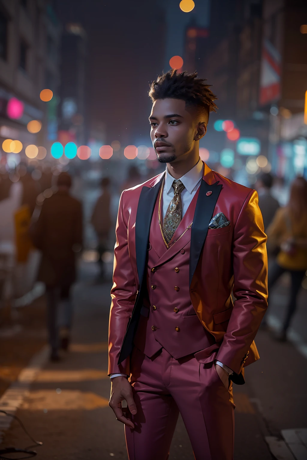 (
(Character: one Nigerian man, 30 years old, slim body)
(Clothing: red fine suit, vest, fine shoes)
(Pose: full body shot:1.7, dynamic pose)
(blurry, intense urban lights in background)
(Style: ((masterpiece:1.5)), (face detailed), photo-realistic:1.3, hyperrealistic, foggy, high contrast, shiny skin, soft lighting, backlighting, bloom, light sparkles, chromatic aberration)