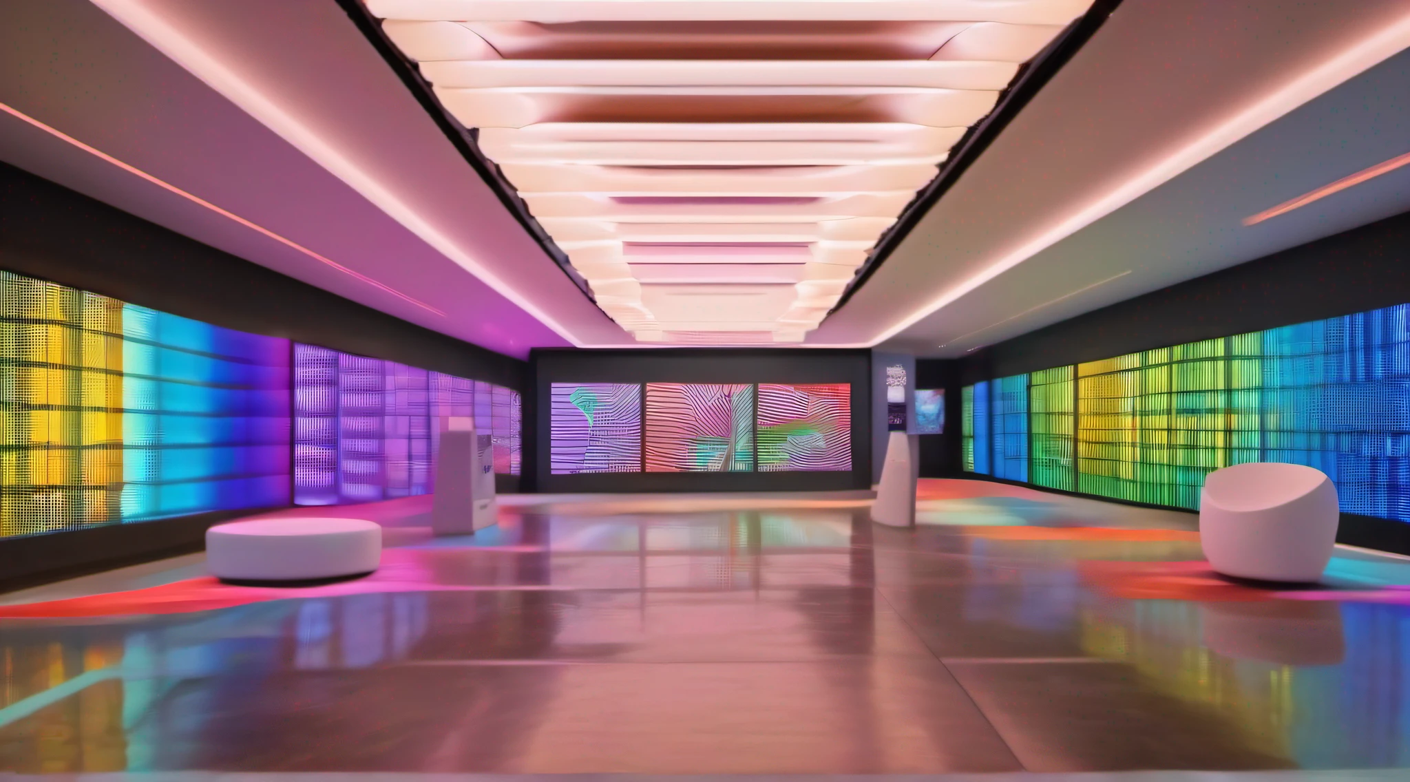 Indoor rectangular space,,Narrow and deep space, A 3-meter-tall,Colorful and bright,Pigment Museum,Immersive feeling, A large number of paint tubes on the walls on both sides form a huge neat artistic array,Inside are some LED screens,Showcasing the history of Marley brand pigments,Many colored arrays on the wall,Colorful colorful,Rainbow,, 8K high accuracy,concept design,Cinematic level,Interior showroom design,High detail,high-tech feel, Futuristic style, LCD screen and digital interactive technology,Some LEDs and history display bars on the wall, The top surface is specular,A beautiful space that forms infinite reflections,concept design,8K, Bright and clean,