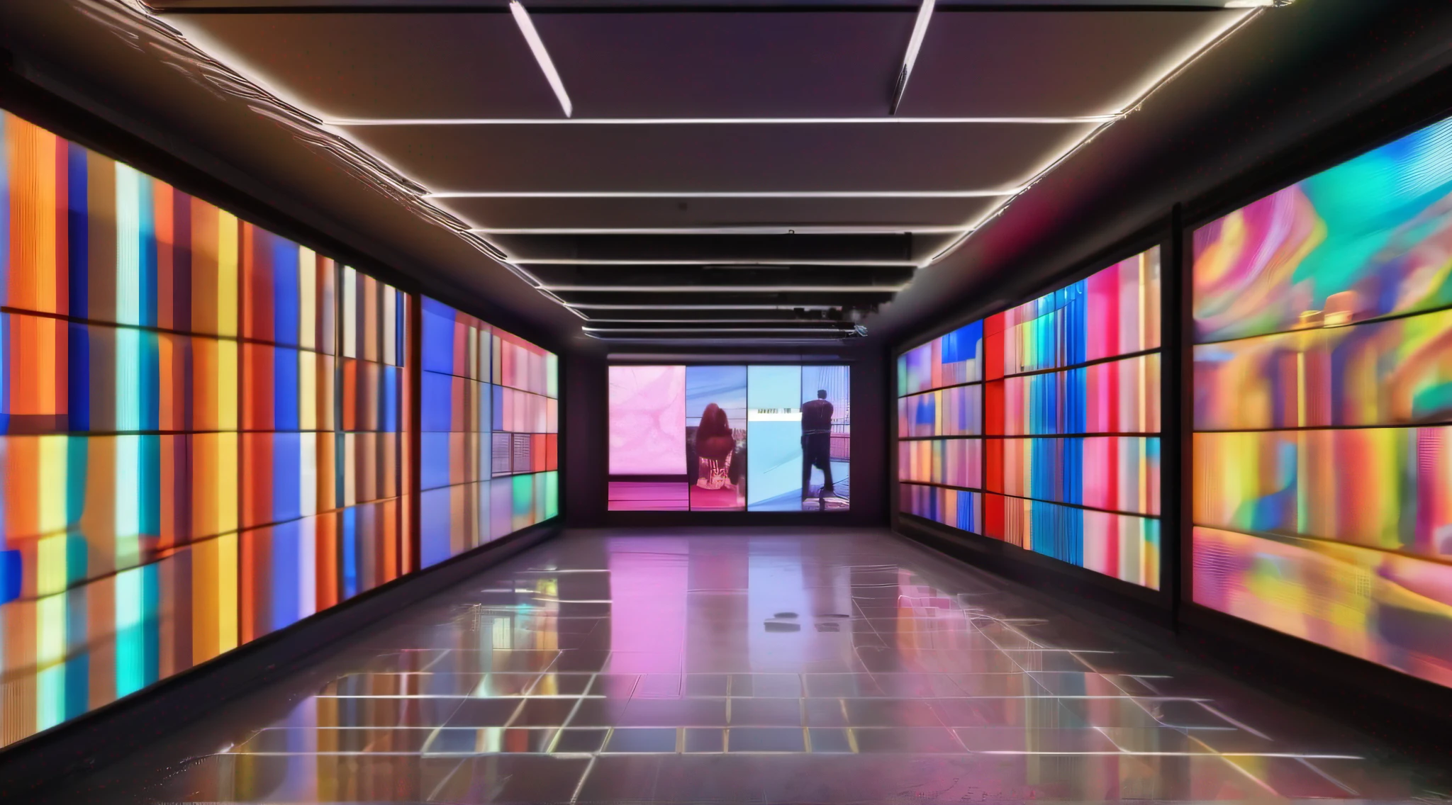 Indoor rectangular space,,Narrow and deep space， A 3-meter-tall,Colorful and bright,Pigment Museum,Immersive feeling, A large number of paint tubes on the walls on both sides form a huge neat artistic array，Inside are some LED screens，Showcasing the history of Marley brand pigments,Many colored arrays on the wall,Colorful colorful,Rainbow,, 8K high accuracy,concept design，Cinematic level，Interior showroom design，High detail,high-tech feel, Futuristic style, LCD screen and digital interactive technology,Some LEDs and history display bars on the wall, The top surface is specular,A beautiful space that forms infinite reflections,concept design,8K, Bright and clean,