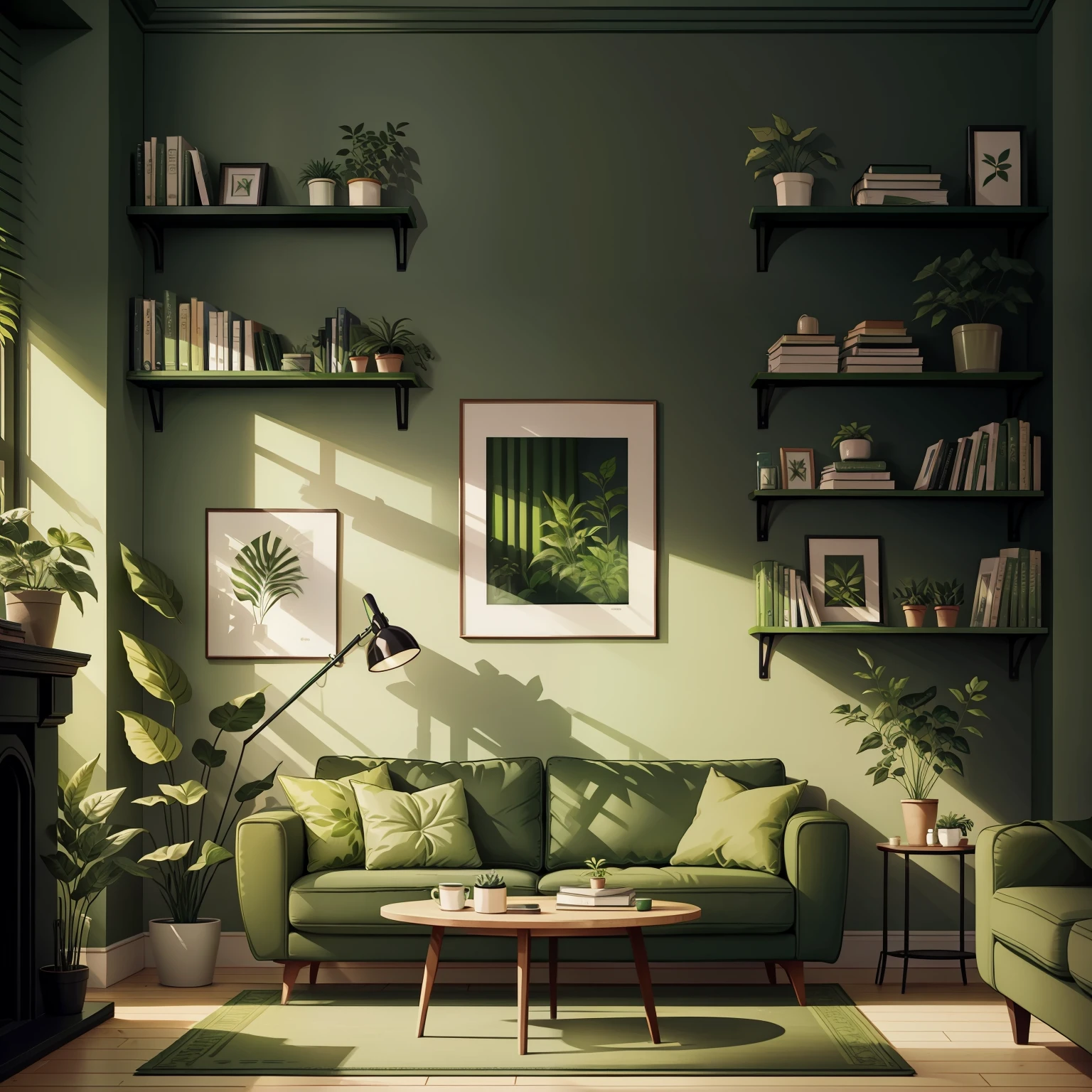 a living room with a green couch and a green plant on the wall and a book shelf with books